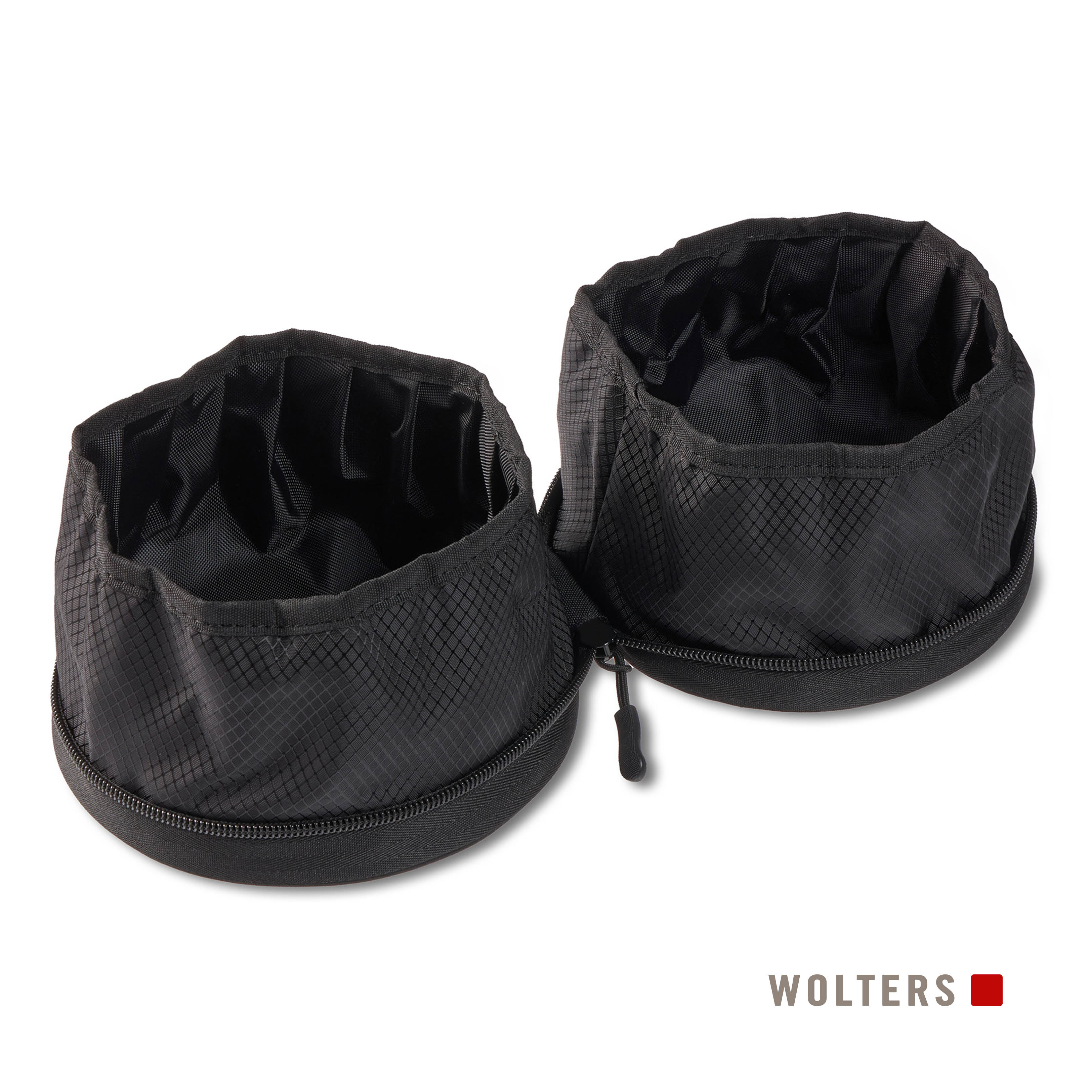 Zwei offene schwarze Netztaschen mit Reißverschlüssen auf weißem Hintergrund. Der Markenname 'WOLTERS' steht unten.