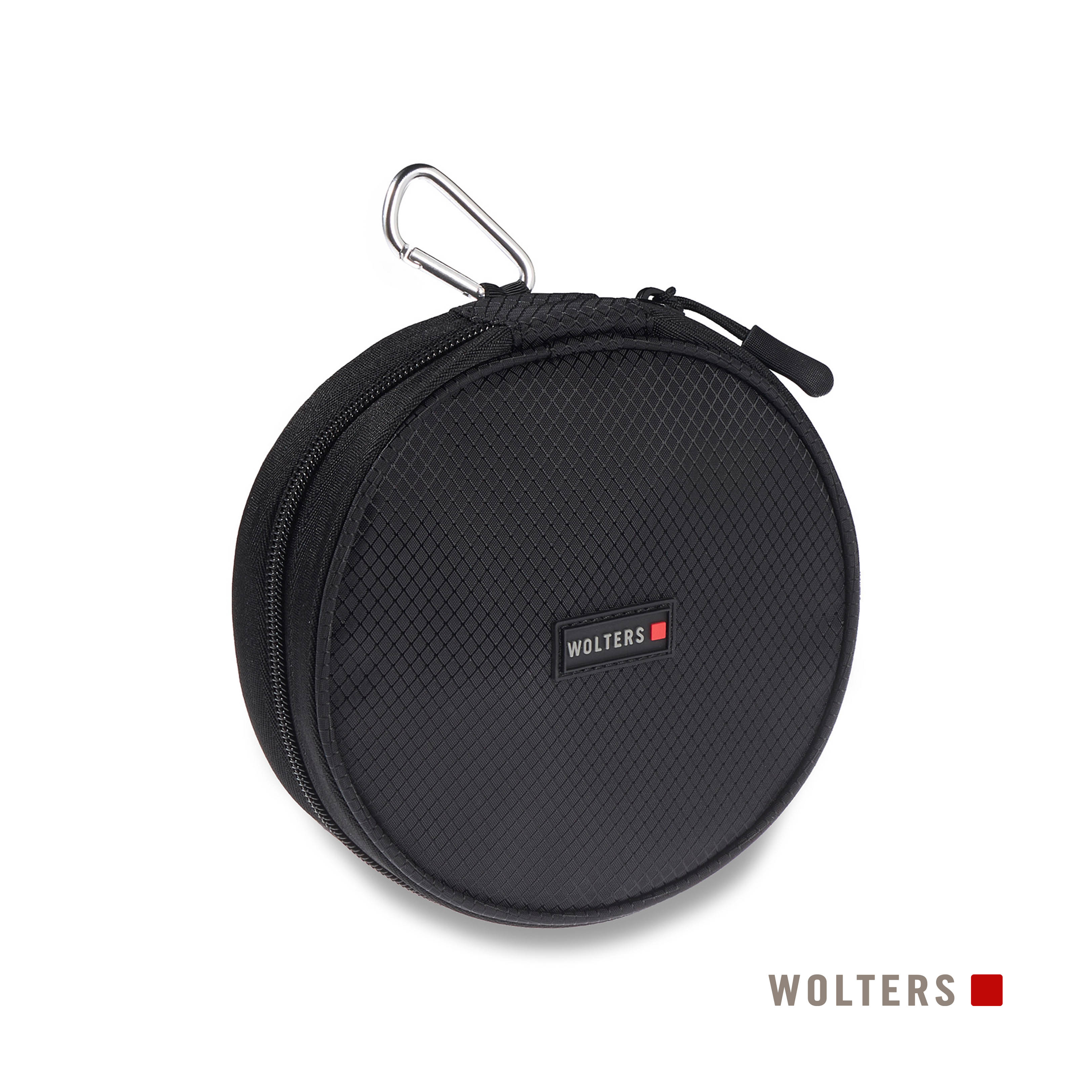 Schwarze, runde Wolters-Tasche mit silbernem Karabiner und Reißverschluss. Der Markenname ist sichtbar.