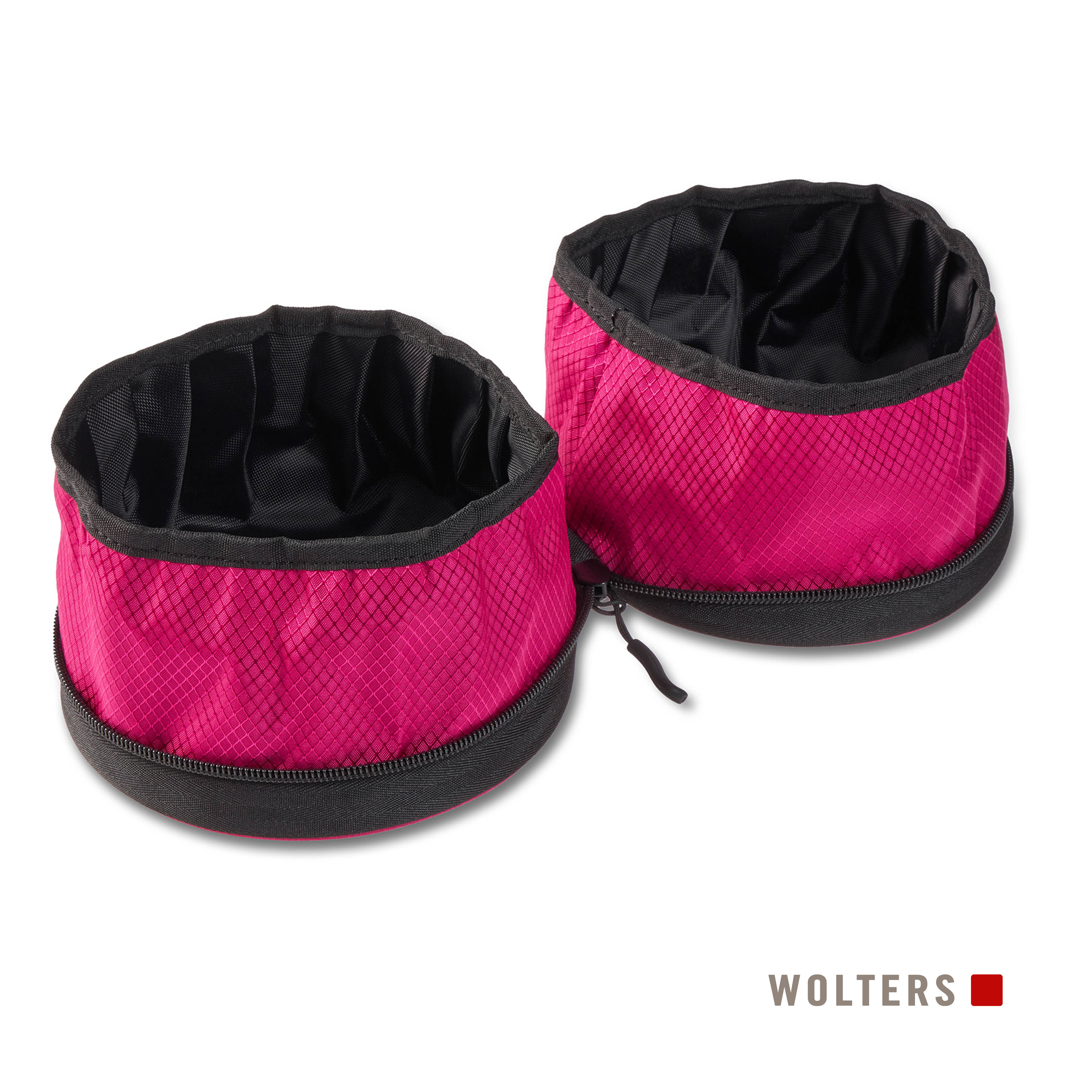 Zwei zusammenklappbare Futternäpfe, pink mit schwarzen Rändern und Reißverschluss. Weißer Hintergrund. Der Markenname 'Wolters' steht unten.