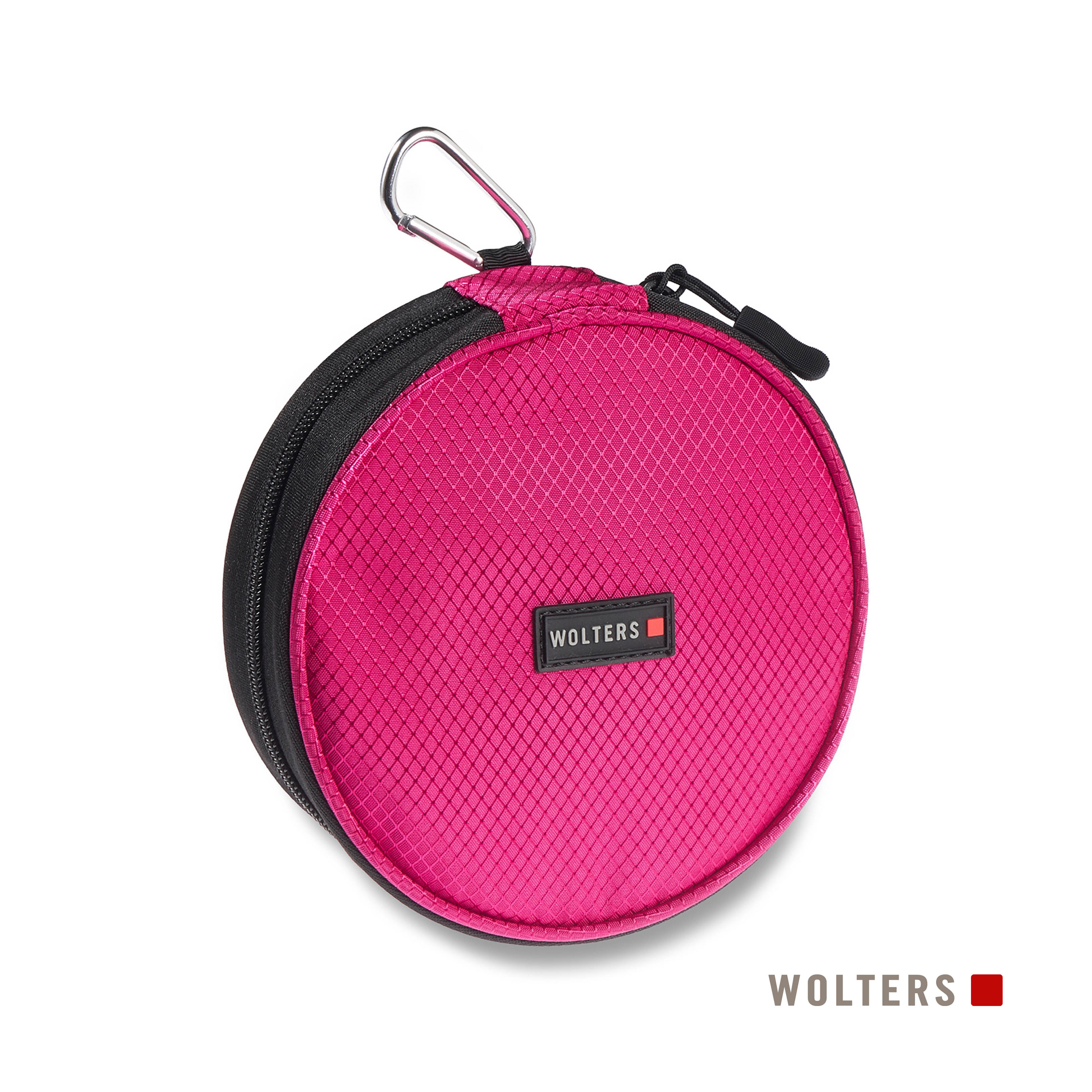 Eine pinkfarbene runde Tasche mit silbernem Verschluss. Sie hat einen schwarzen Reißverschluss und den Markennamen 'Wolters'.