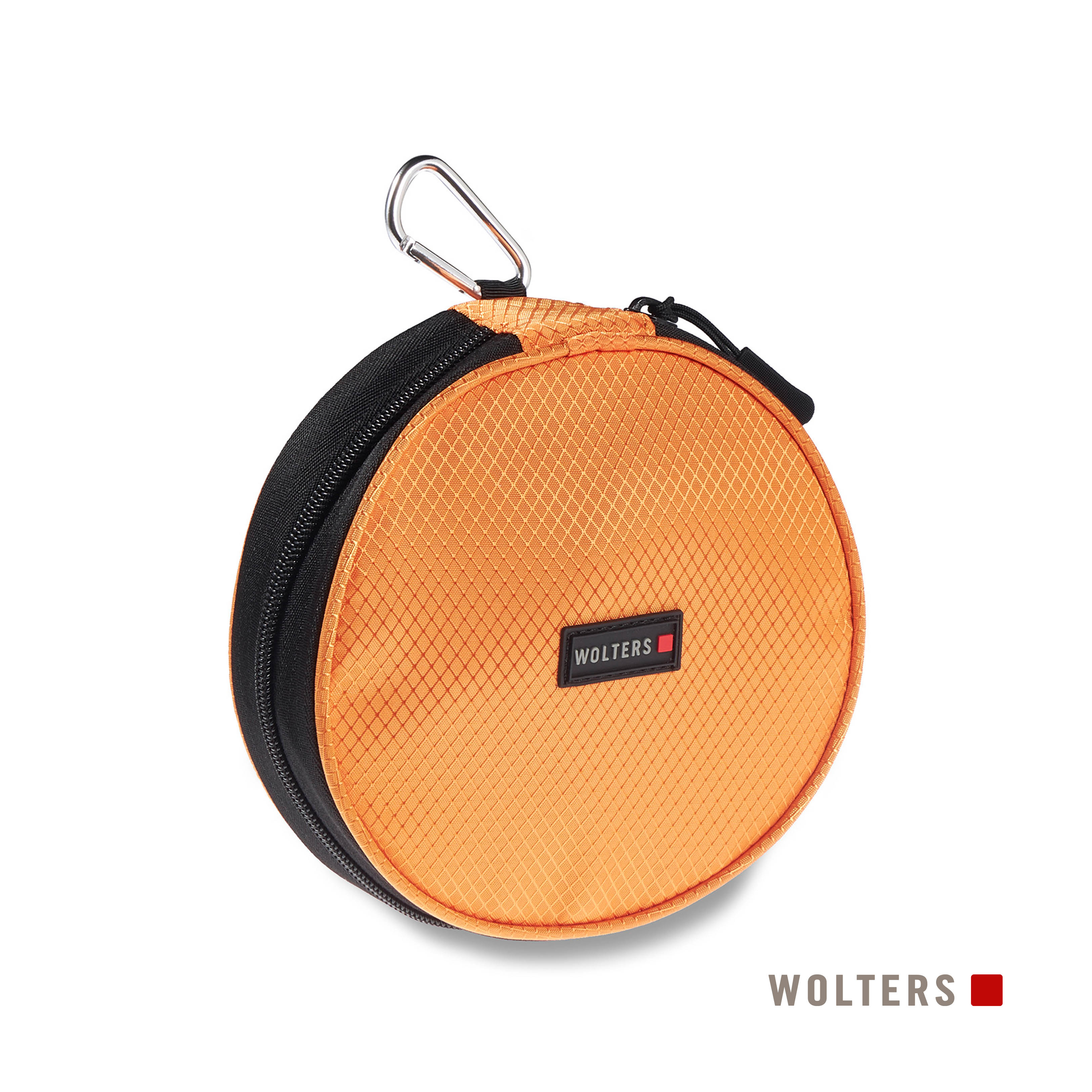 Eine orangefarbene, runde Tasche mit schwarzem Reißverschluss und Metallclip. Der Markenname WOLTERS ist drauf.