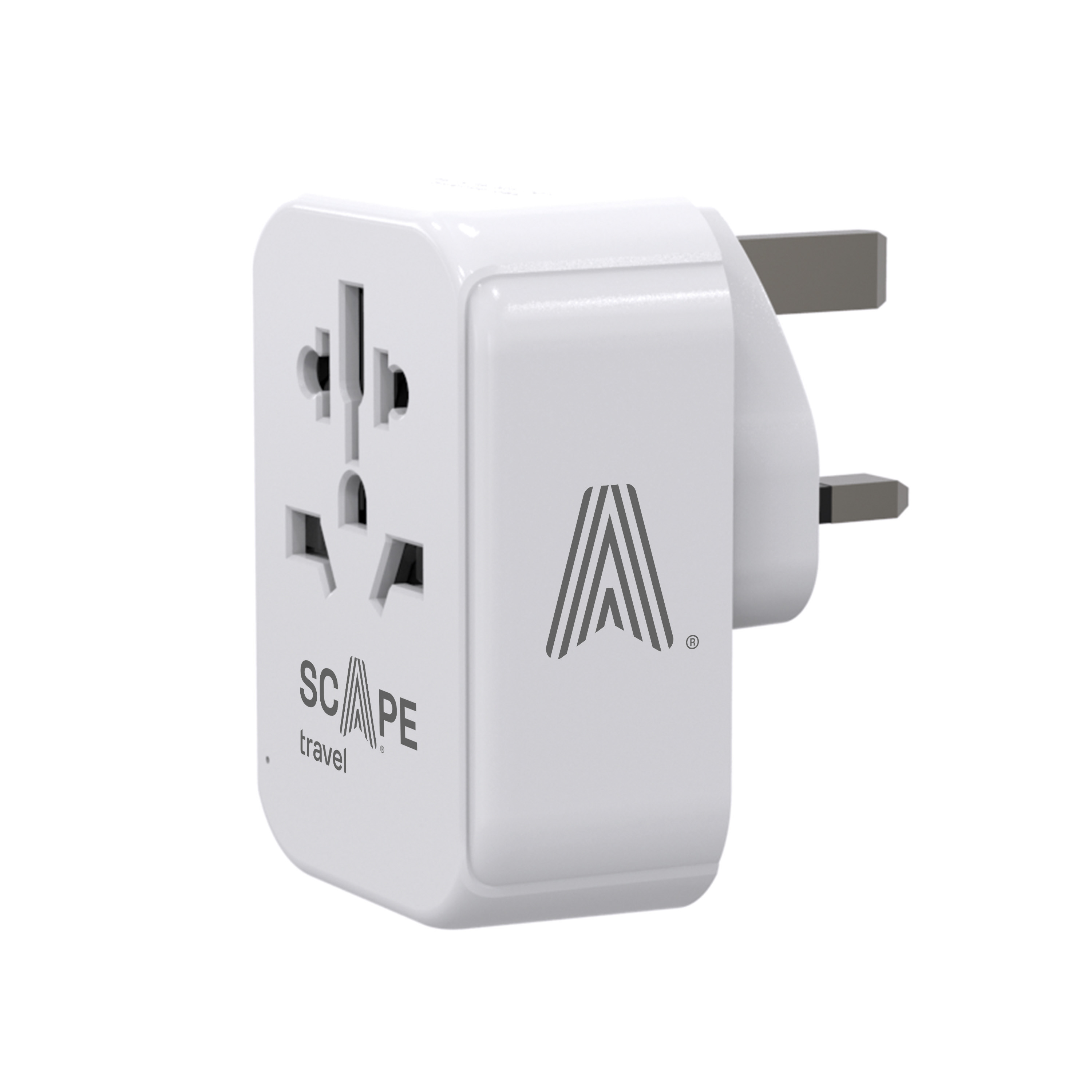 Un adaptador de viaje blanco con múltiples enchufes y un enchufe británico. La marca 'SCAPE travel' está impresa.