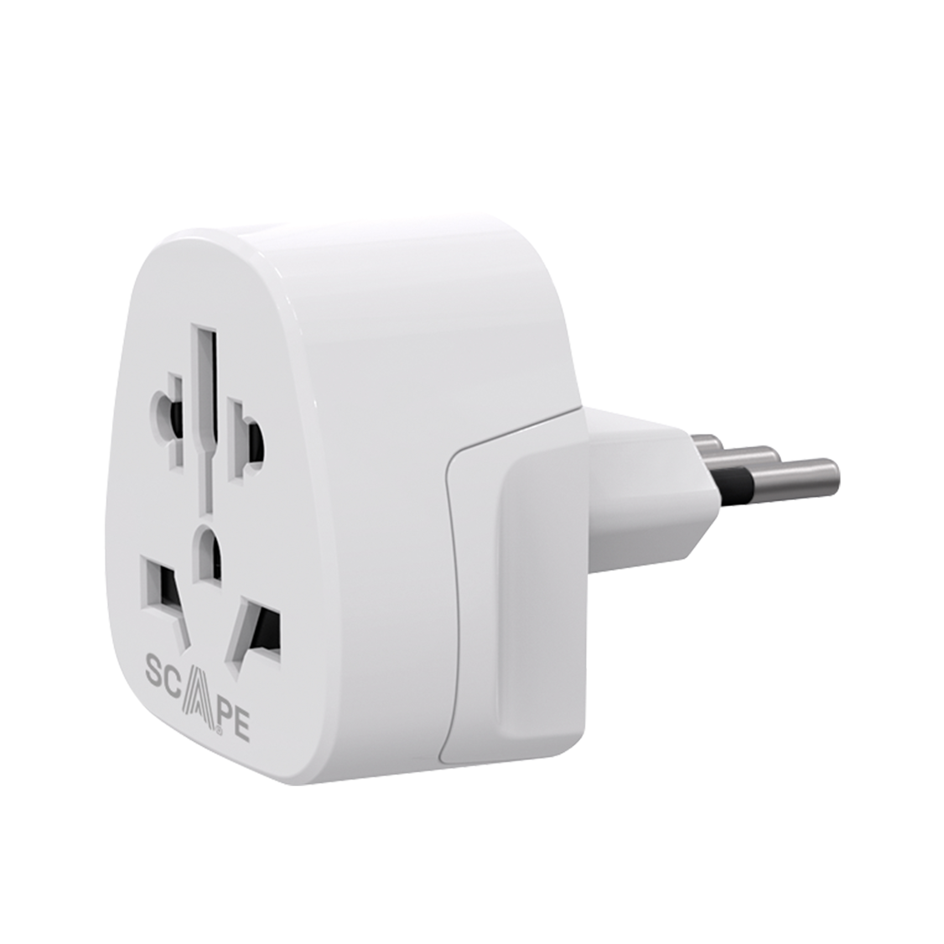Un adaptador de viaje universal blanco con múltiples configuraciones de enchufe. Tiene tres clavijas metálicas y una cara de enchufe.