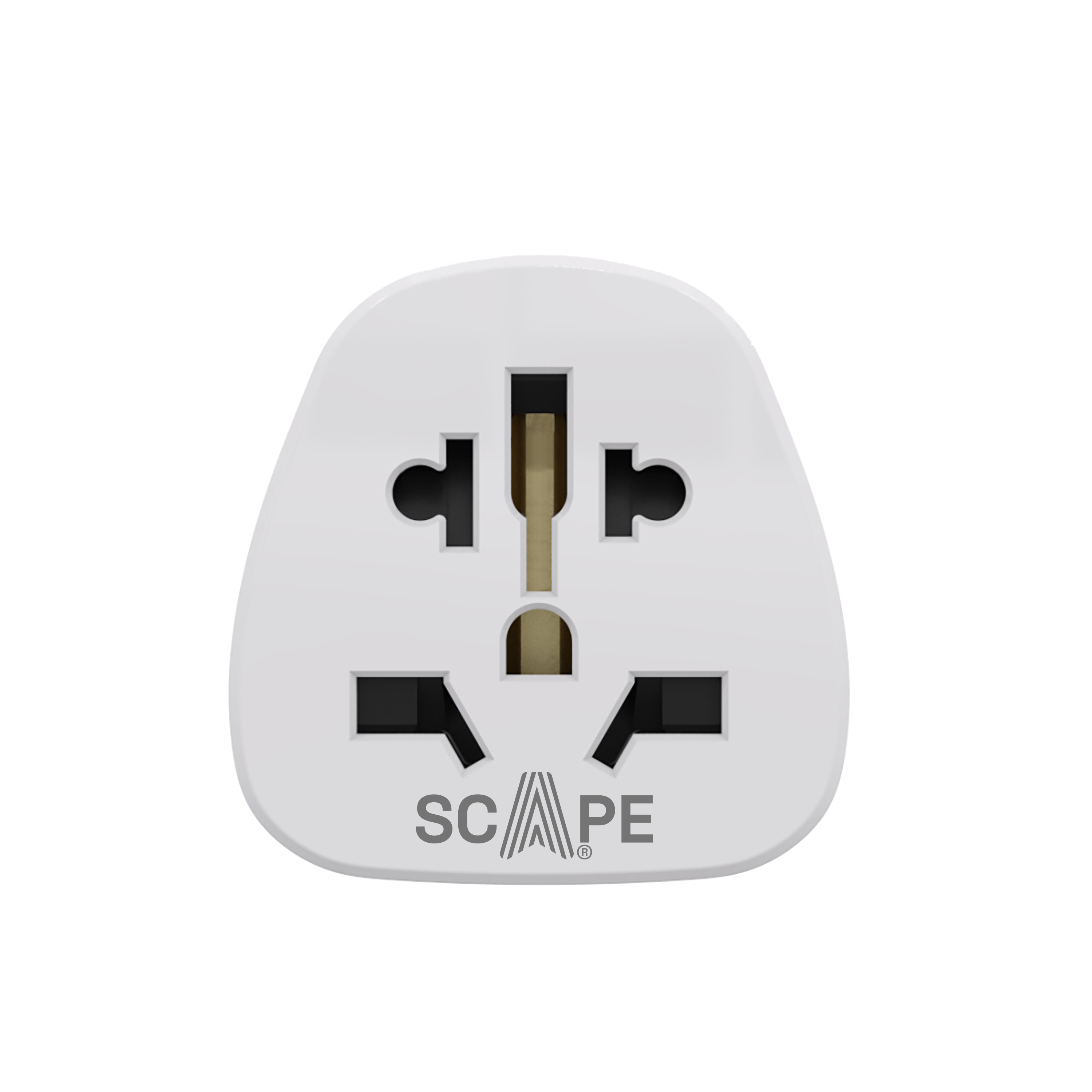Un adaptador de viaje universal blanco. Tiene múltiples orificios y la marca 'SCAPE'.