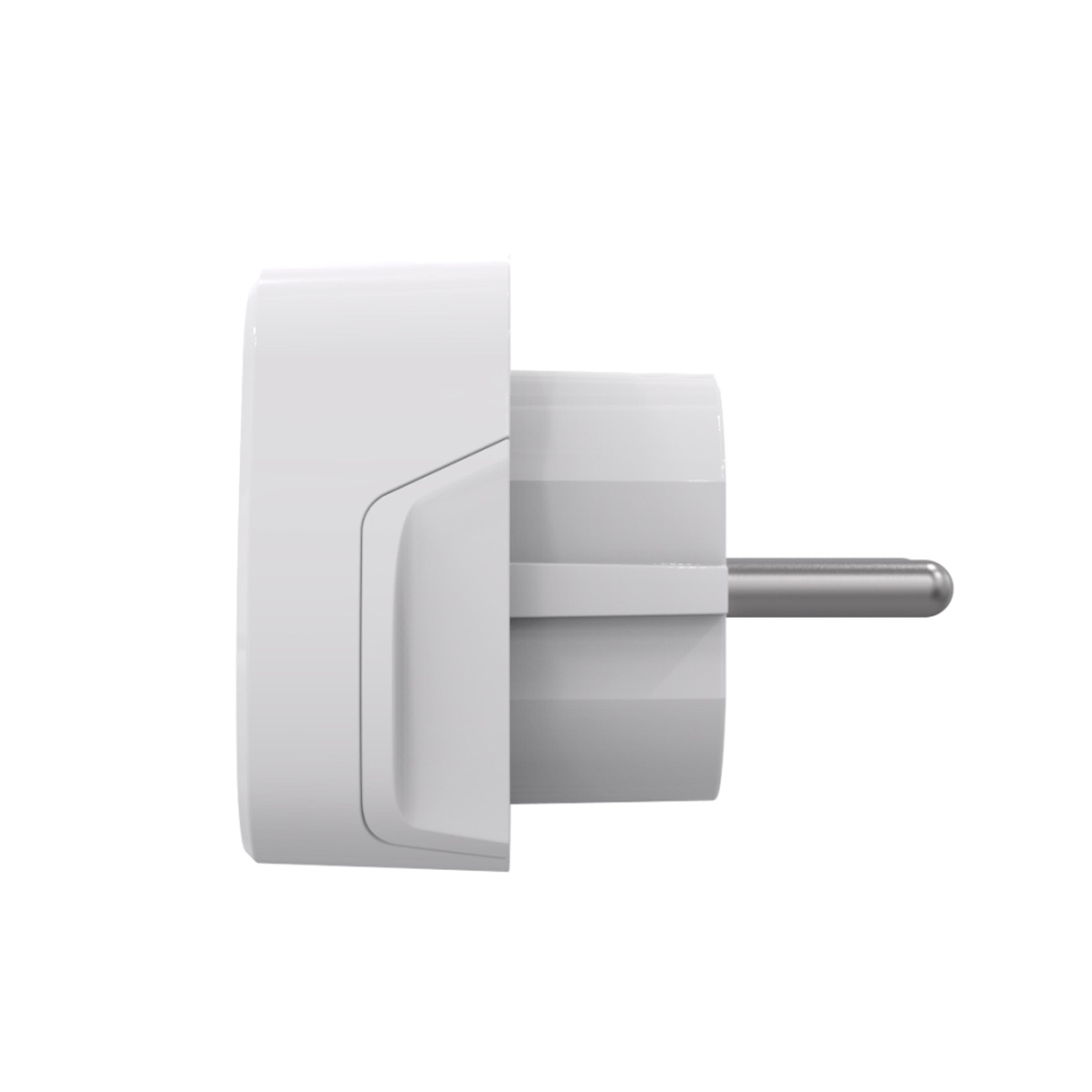 Un adaptador de enchufe eléctrico blanco con un pasador plateado. La forma es rectangular con bordes redondeados.