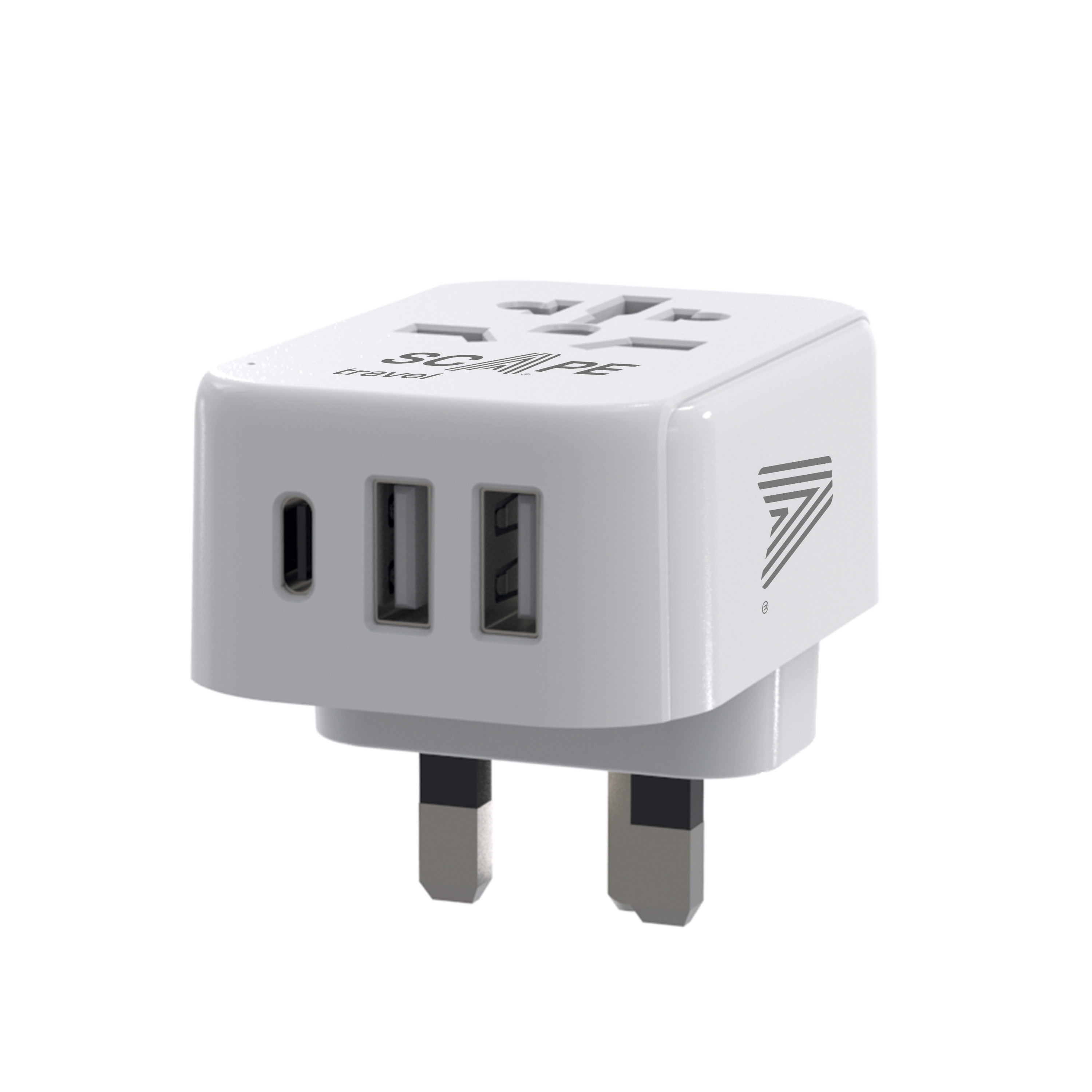 Un adaptador de viaje blanco con puertos USB y clavijas. Tiene la marca Scape y un logotipo en el lateral.