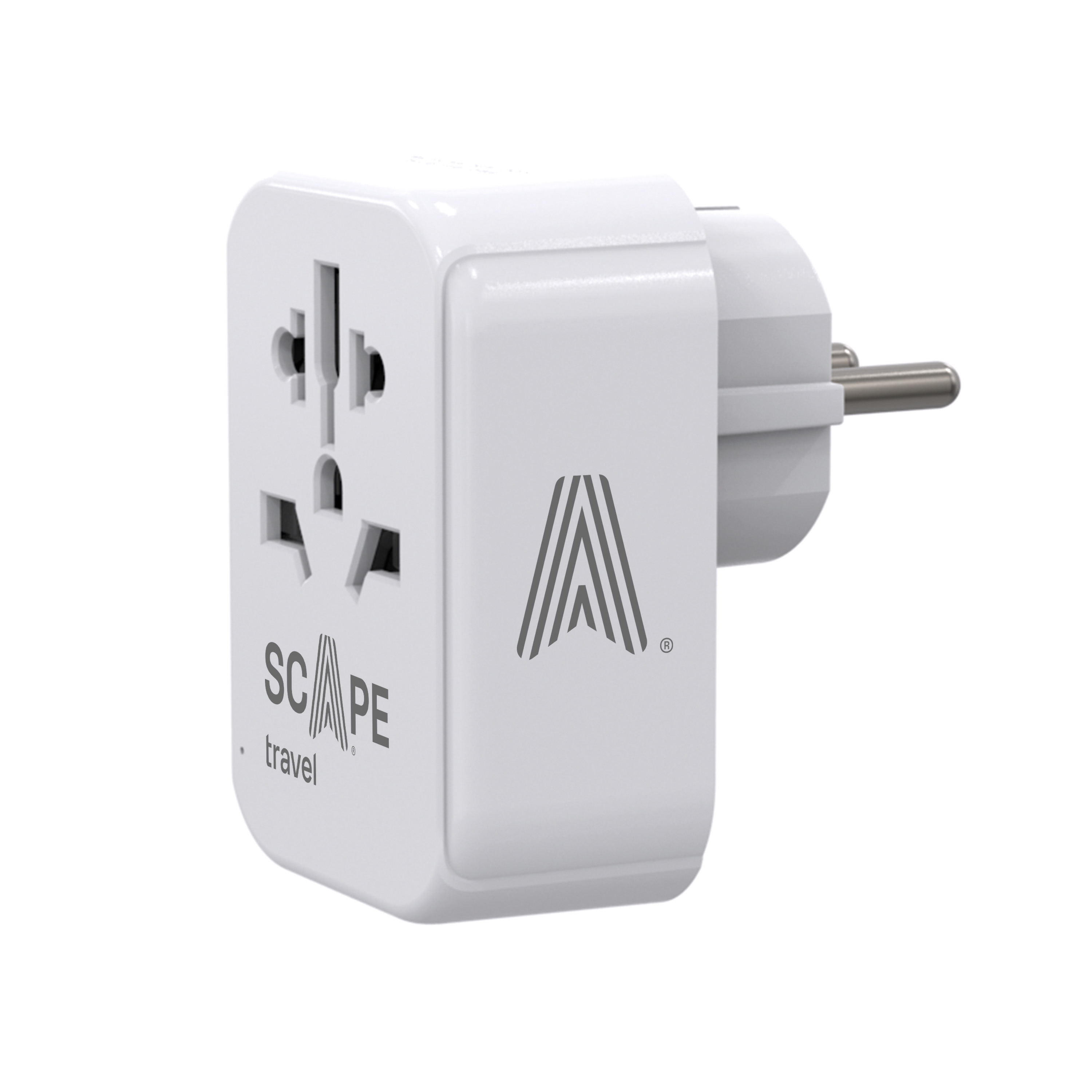 Un adaptador de viaje blanco con múltiples opciones de enchufe. Tiene la marca "SCAPE travel" y un logotipo.