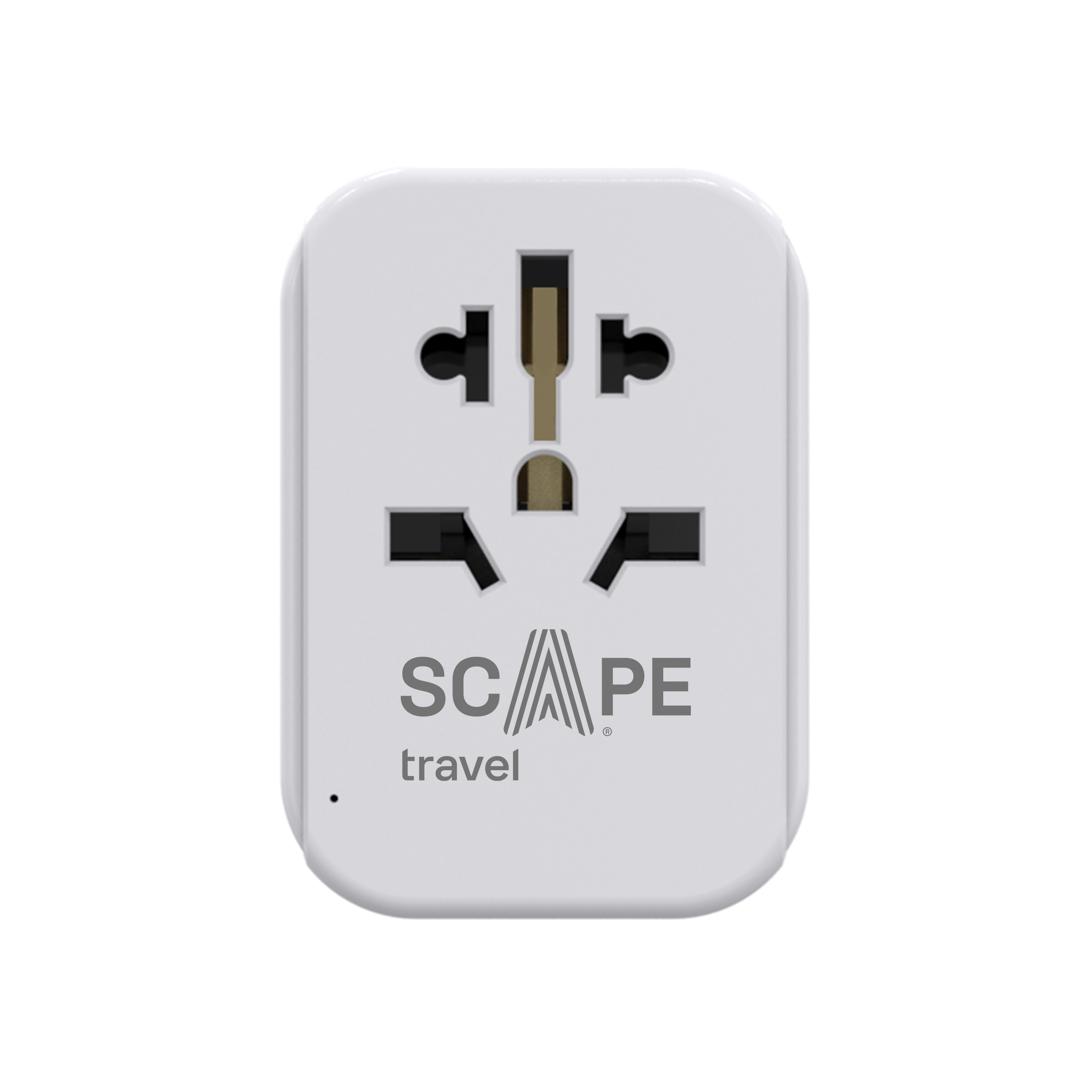 Un adaptador de viaje blanco con múltiples opciones de enchufe. Tiene partes internas negras y doradas y la marca 'SCAPE travel'.