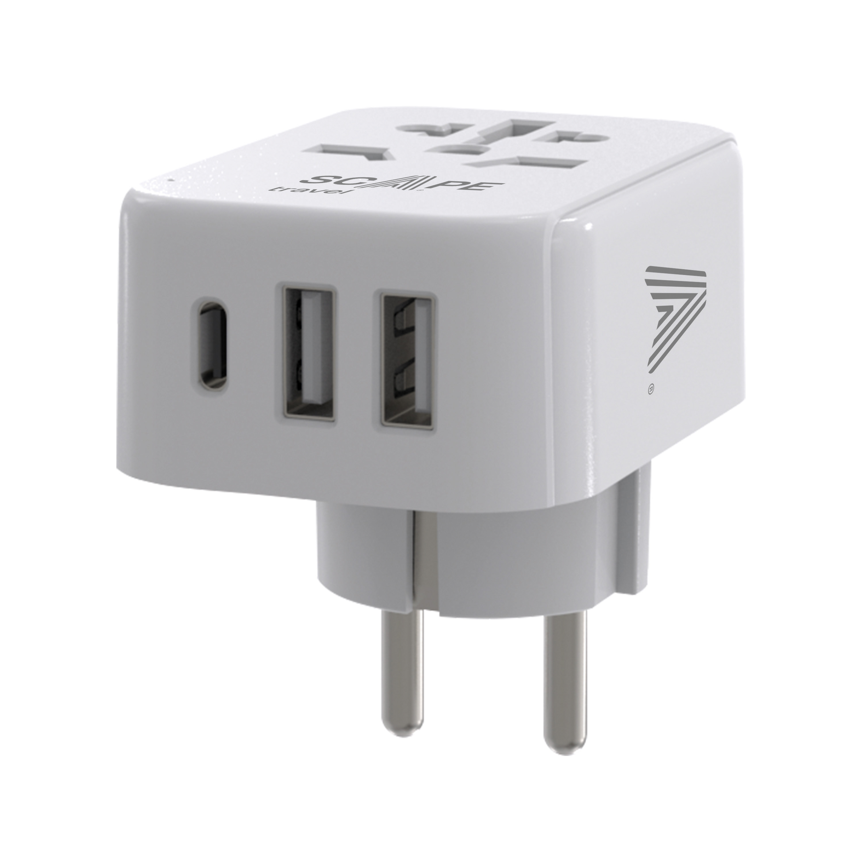 Un adaptador de viaje blanco con puertos USB y múltiples tipos de enchufe, con la marca 'SCAPE travel'.