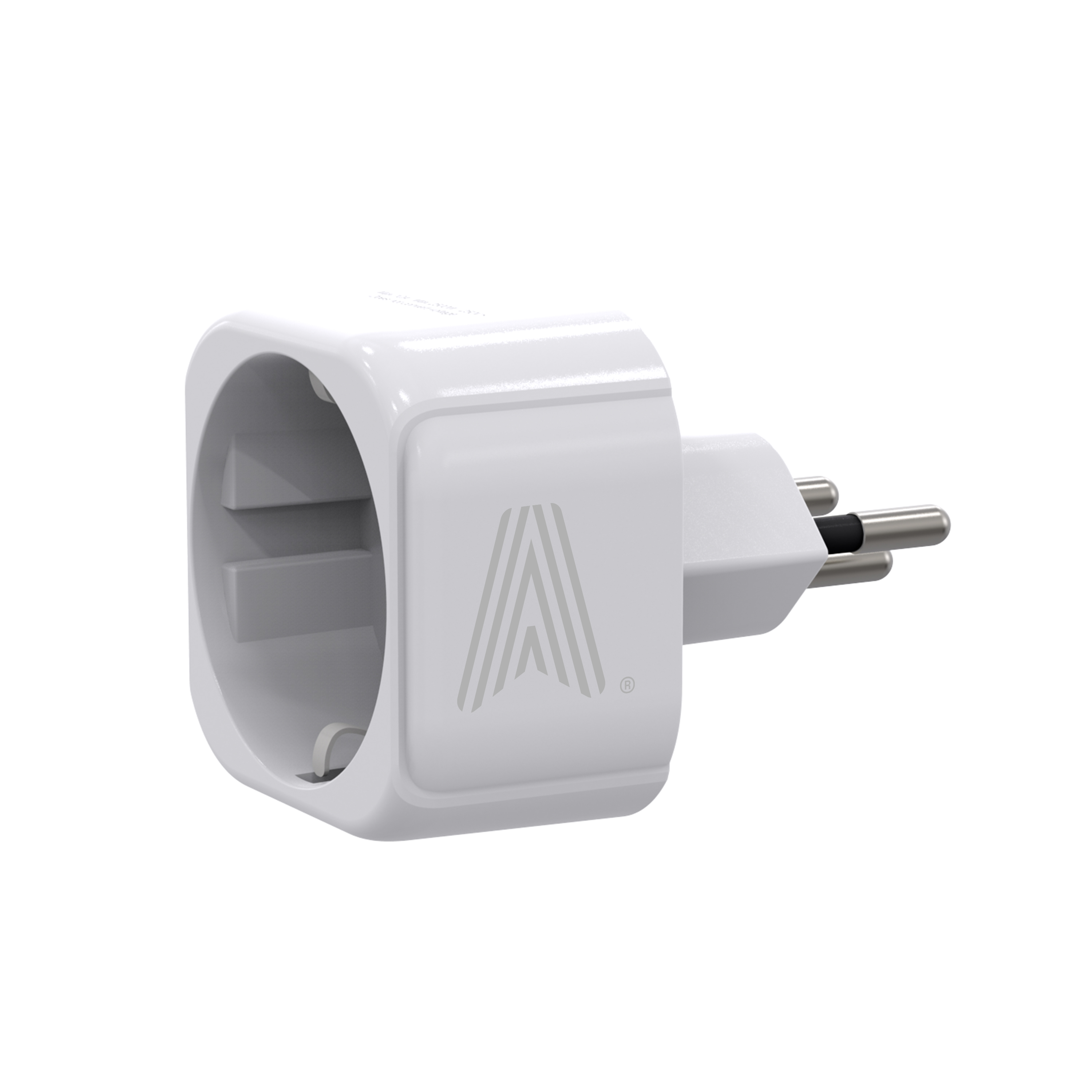 Adaptador de enchufe europeo blanco. Tiene dos clavijas metálicas y un enchufe. El logotipo de la marca está al frente.