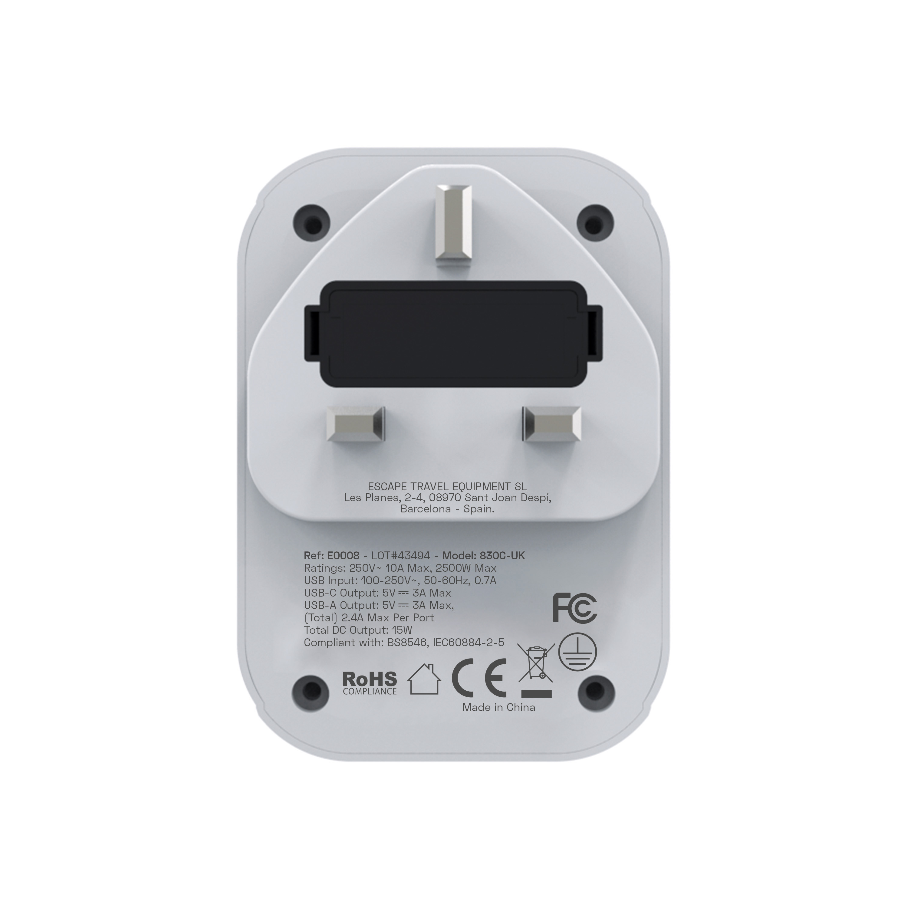 Adaptador de viaje blanco con enchufe del Reino Unido. Incluye puertos USB y detalles de texto.