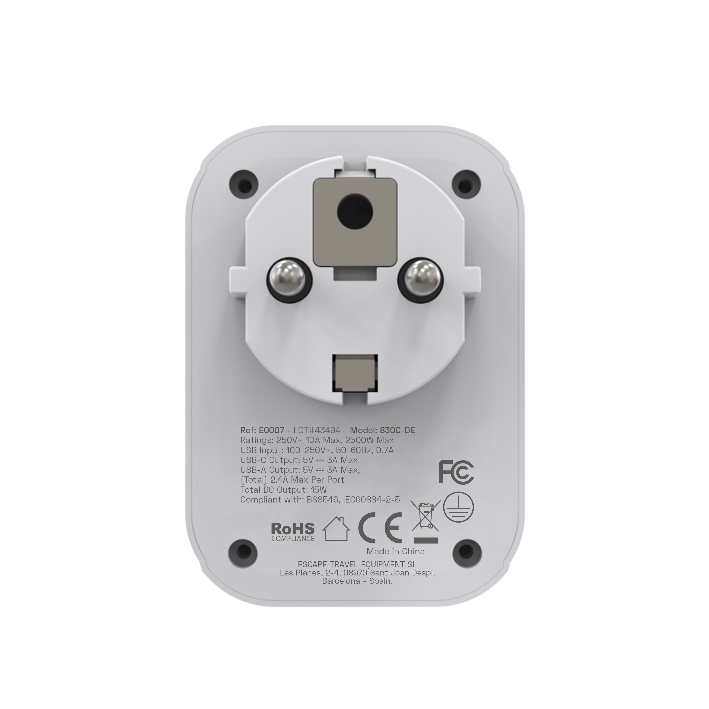Adaptador de viaje blanco con enchufe europeo, centro gris y especificaciones técnicas impresas.