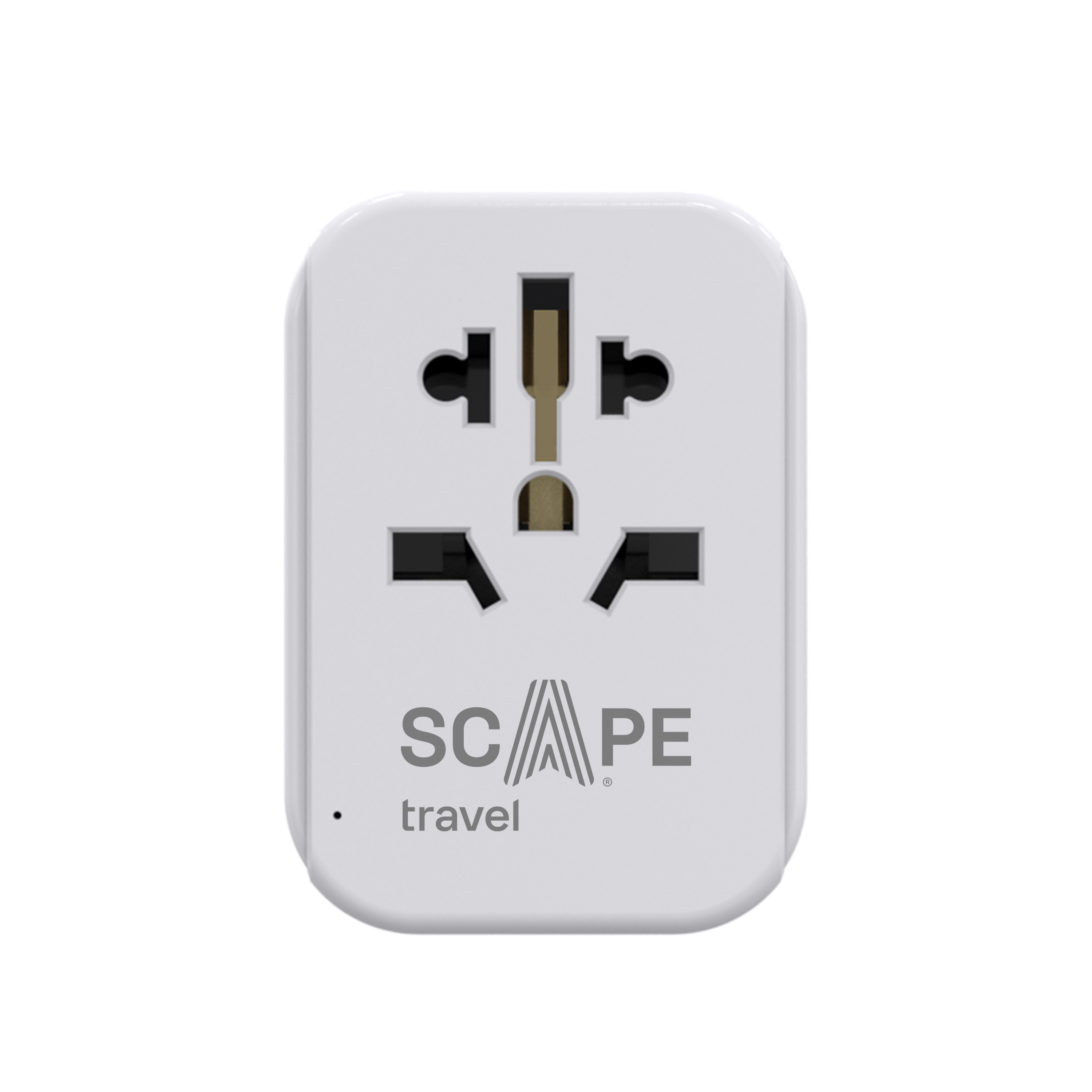 Un adaptador de viaje blanco con múltiples configuraciones de enchufe. La marca 'SCAPE travel' está impresa.