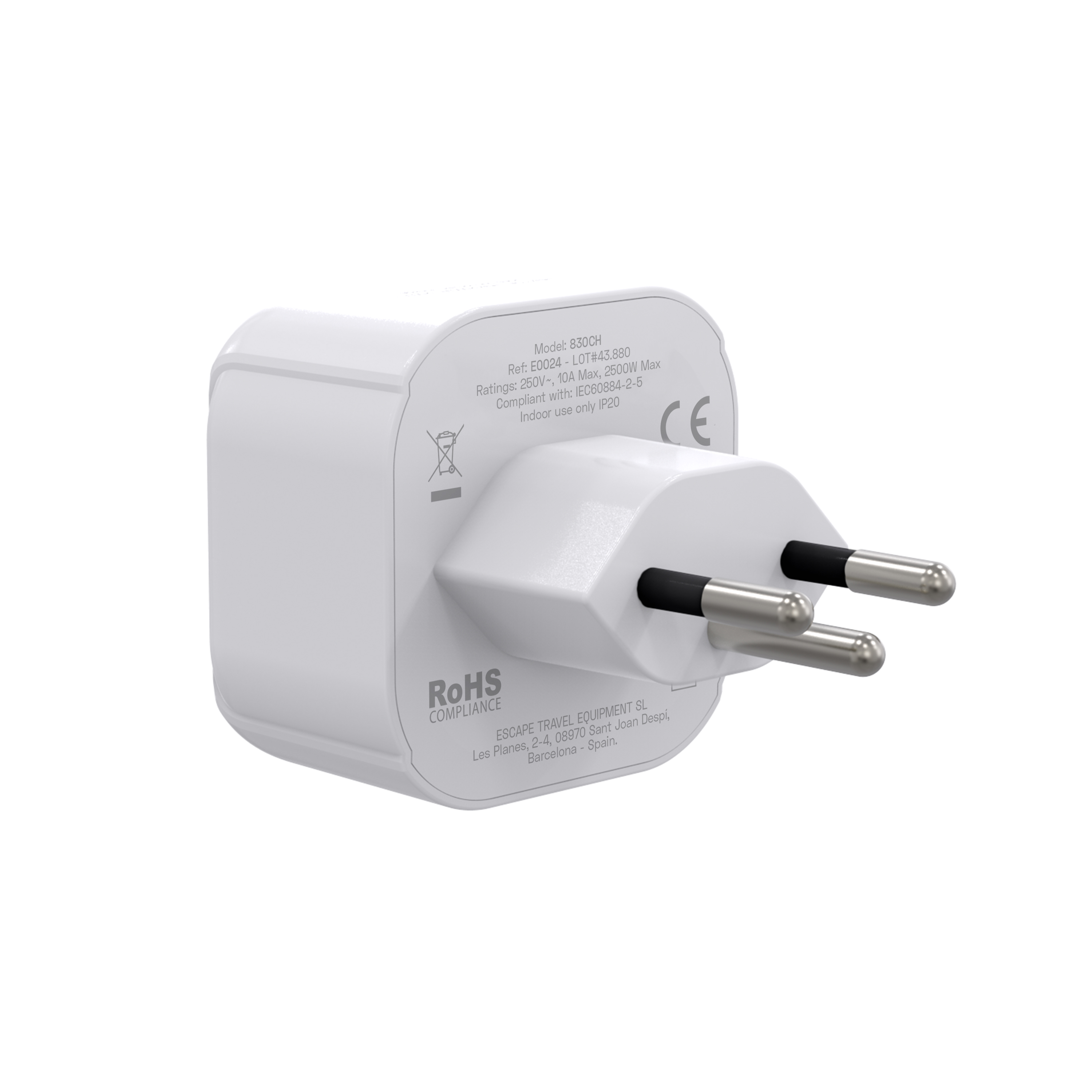 Un adaptador de viaje blanco con clavijas plateadas. Tiene etiquetas con el modelo, clasificación e información de cumplimiento.