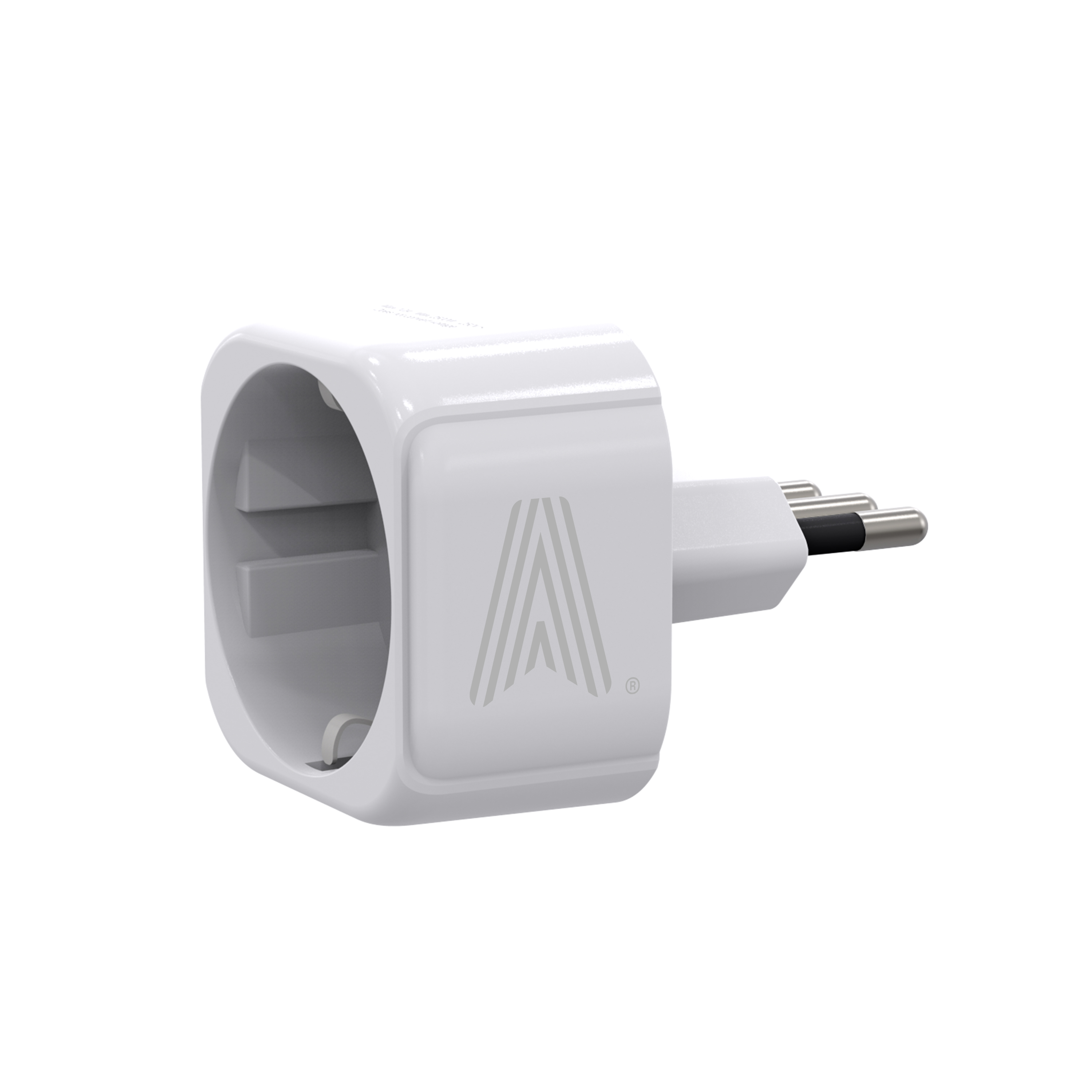 Un adaptador de corriente blanco con un enchufe en ángulo. Tiene un enchufe hembra y tres clavijas. El fondo es blanco.