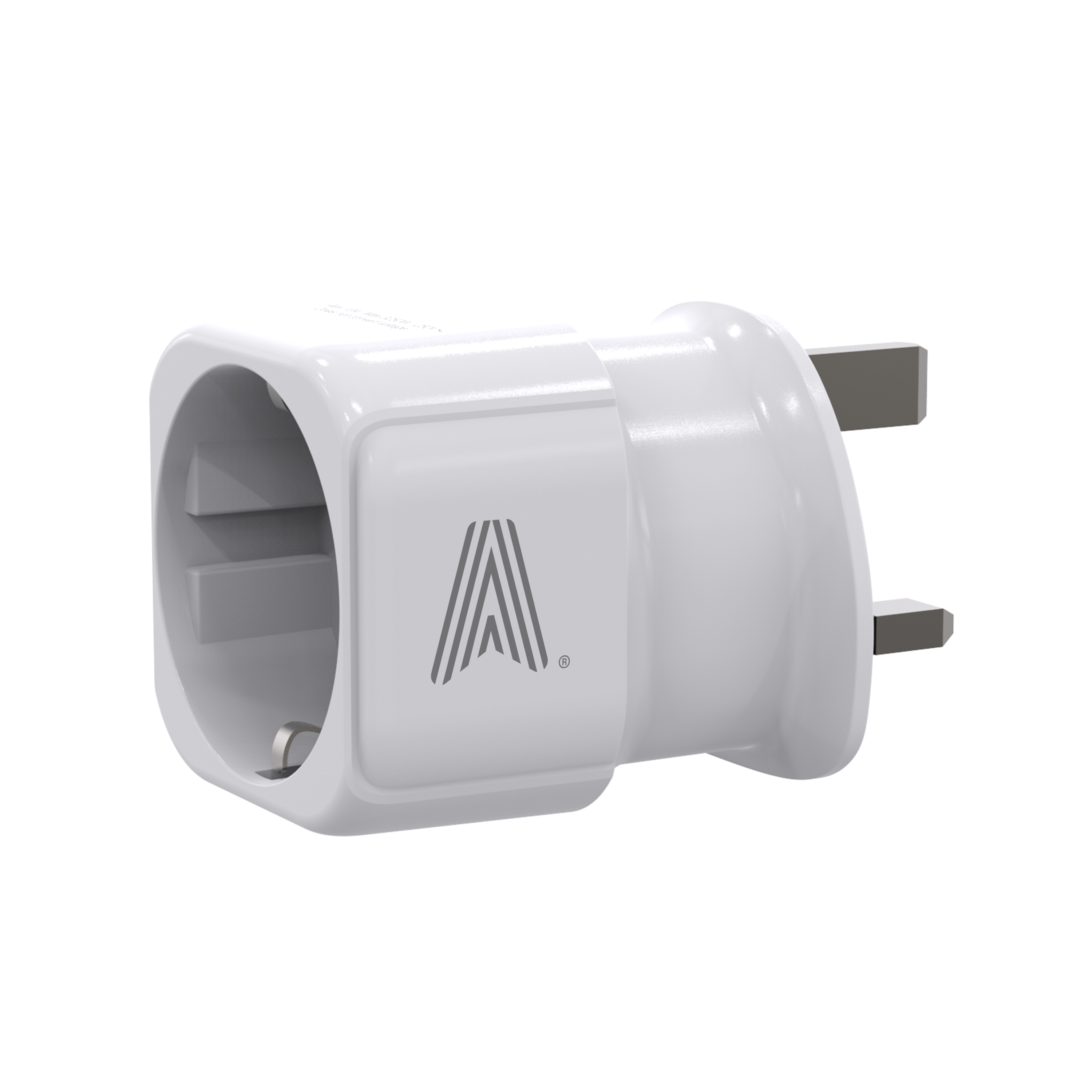 Adaptador de enchufe de Reino Unido a UE blanco. Tiene dos clavijas y un enchufe para enchufe de dos clavijas.