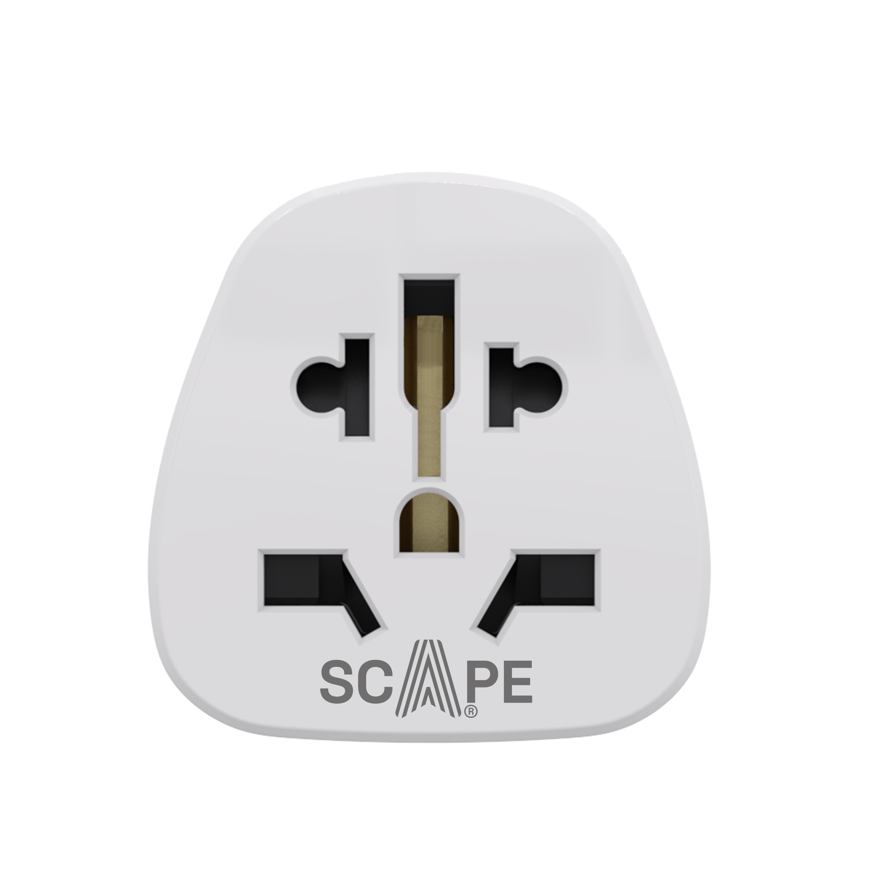 Adaptador de viaje universal blanco. Tiene múltiples agujeros para diferentes tipos de enchufe y la marca 'SCAPE'.