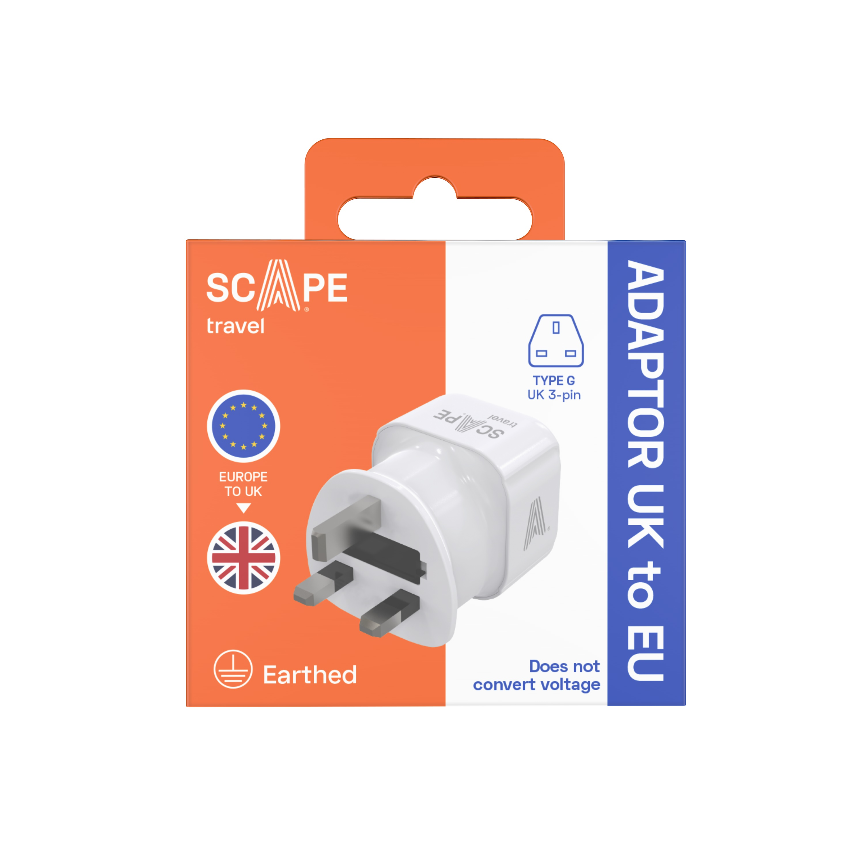 Adaptador de viaje blanco de Reino Unido a UE en una caja. La caja es naranja y blanca. Dice 'ADAPTOR UK to EU'.