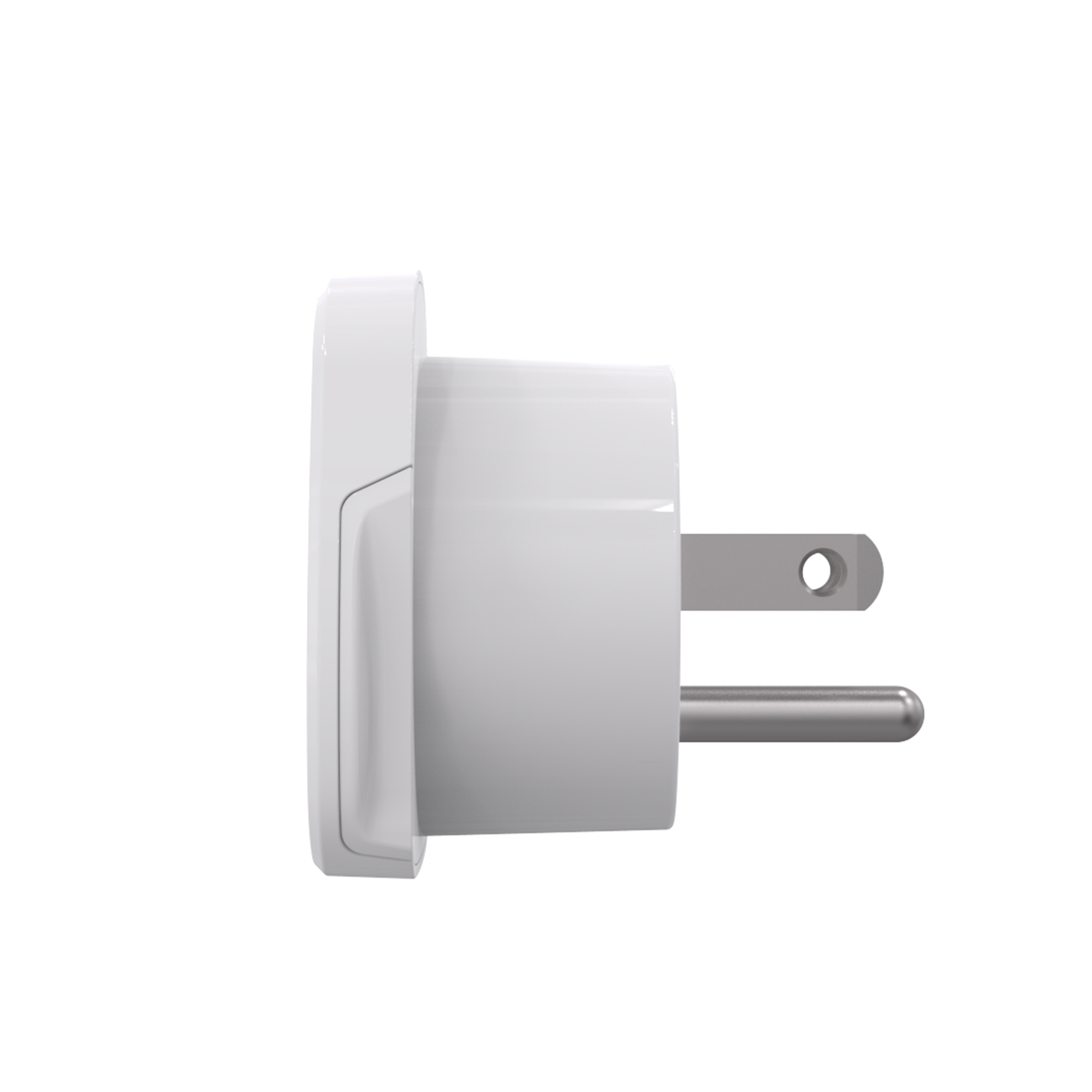 Un adaptador de enchufe eléctrico blanco, vista lateral. Tiene dos clavijas planas y un agujero redondo. El fondo es blanco liso.