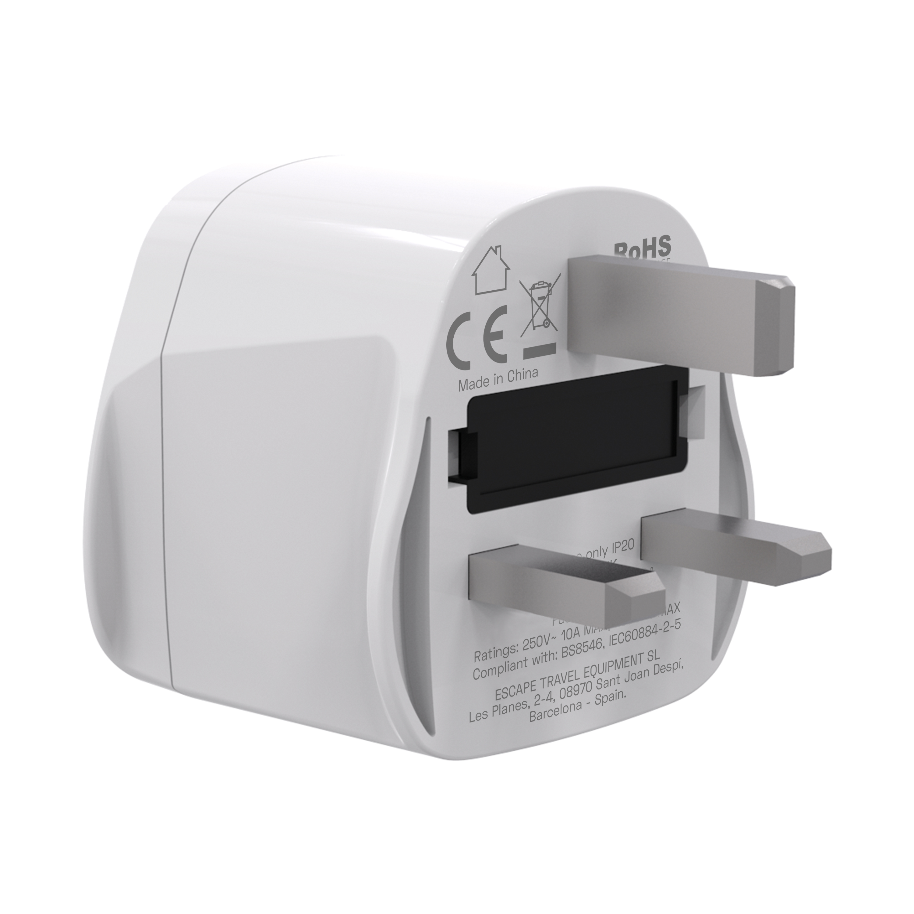 Un adaptador de viaje blanco con clavijas grises. Tiene la marca CE y el texto Made in China. El fondo es blanco.