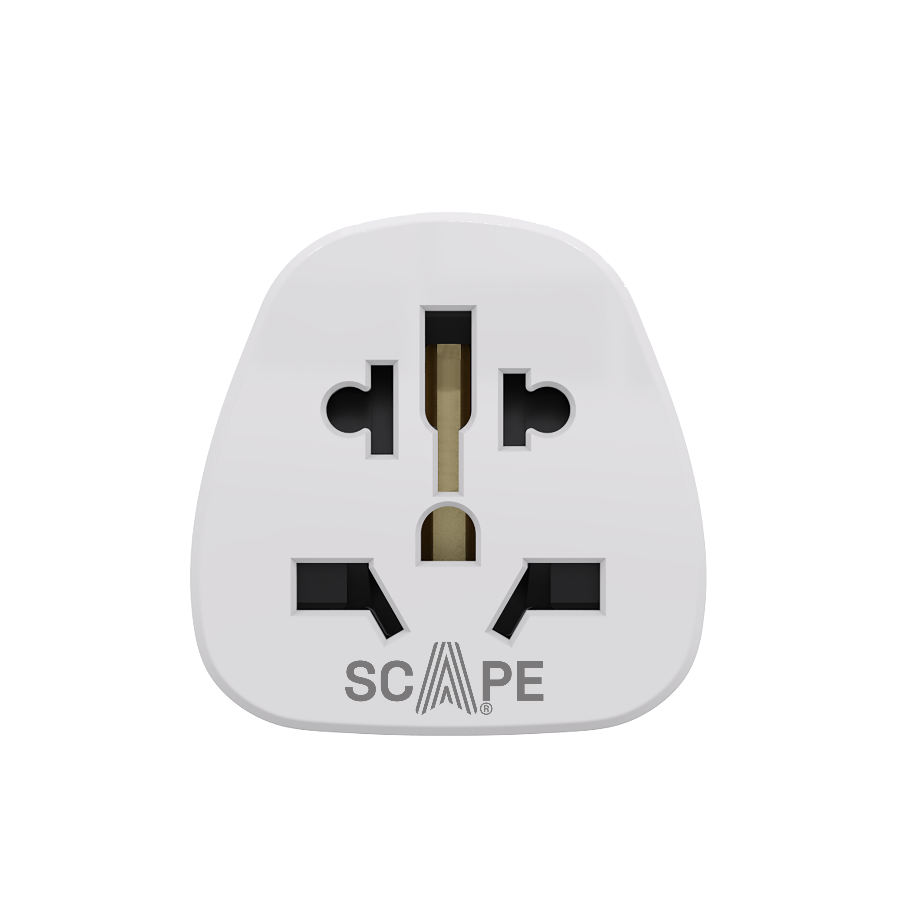 Un adaptador de corriente universal blanco, con ranuras negras y marrones. La marca SCAPE está impresa abajo.