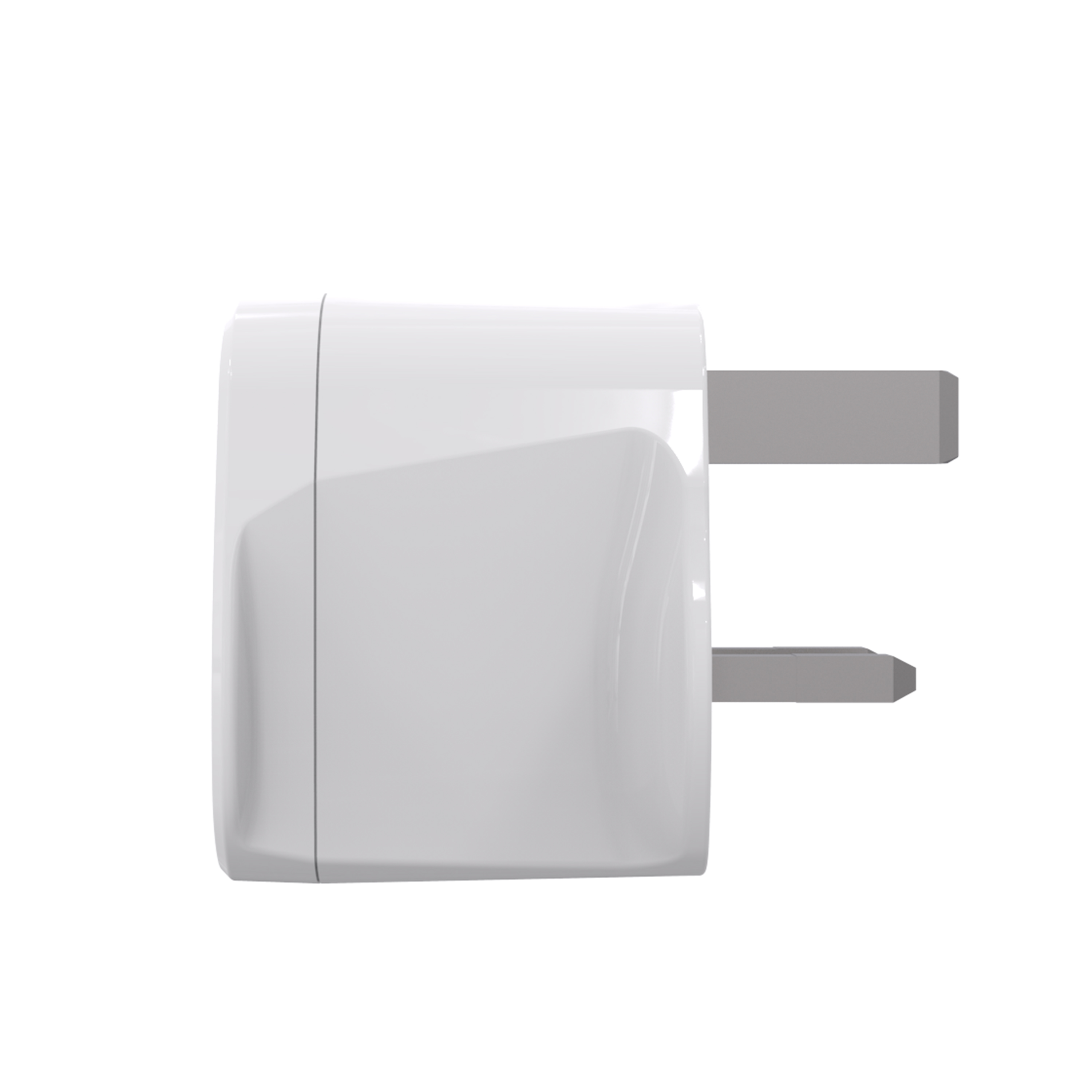 Un adaptador eléctrico blanco con dos clavijas grises. El adaptador está sobre fondo blanco.
