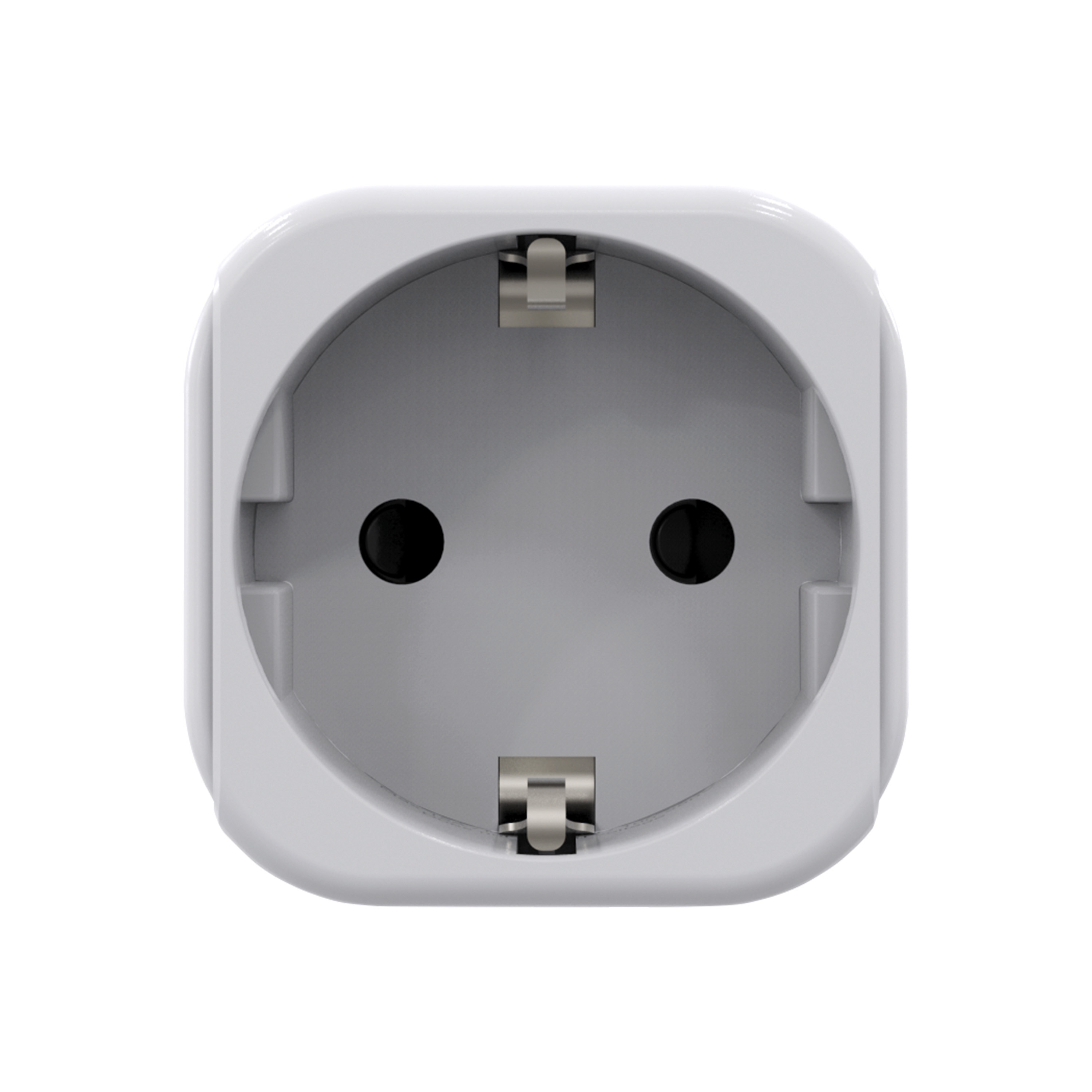 Un adaptador de enchufe blanco, con dos orificios negros para clavijas y clips de conexión a tierra metálicos.