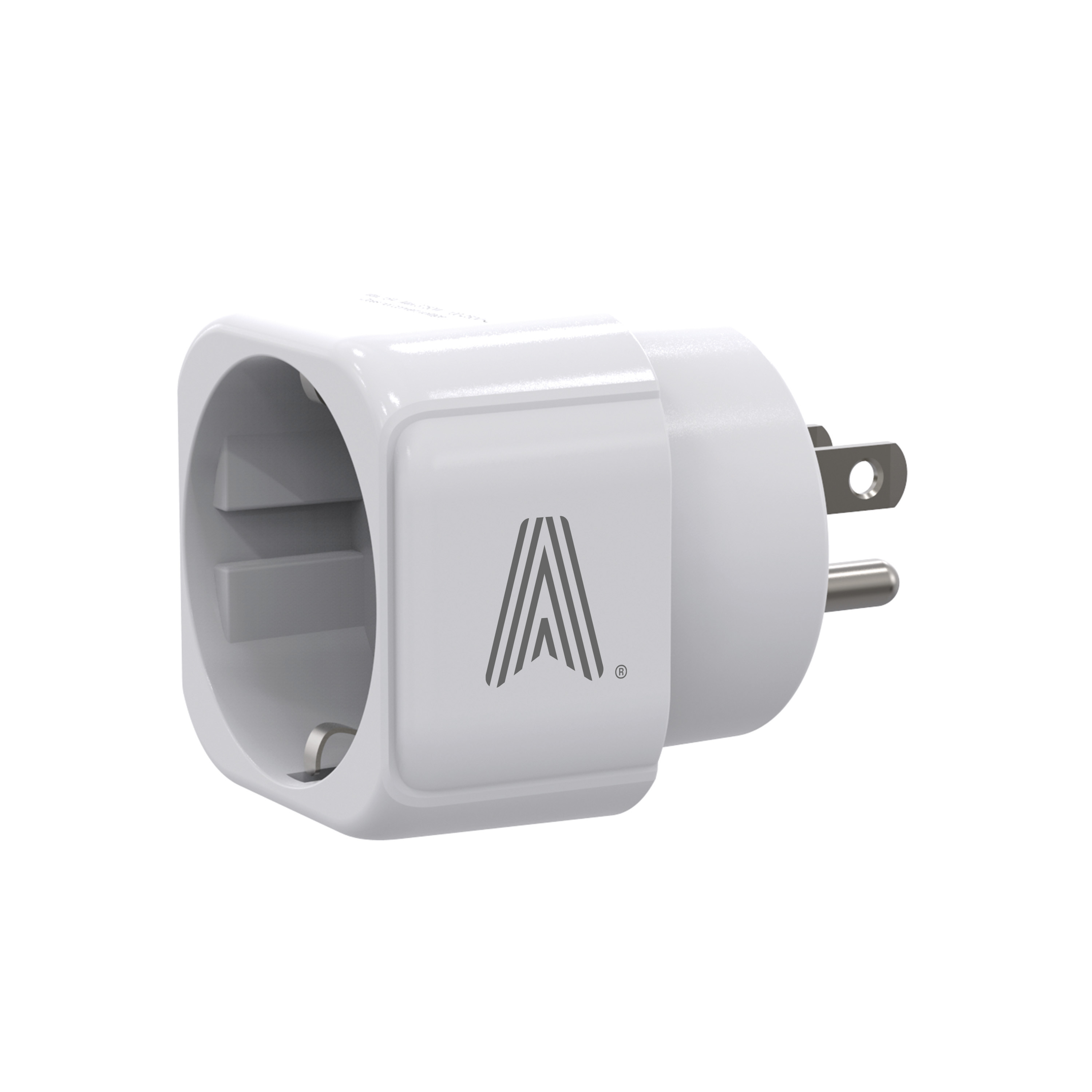 Un adaptador eléctrico blanco con enchufe estadounidense. Tiene un logotipo y un enchufe. Aislado sobre fondo blanco.