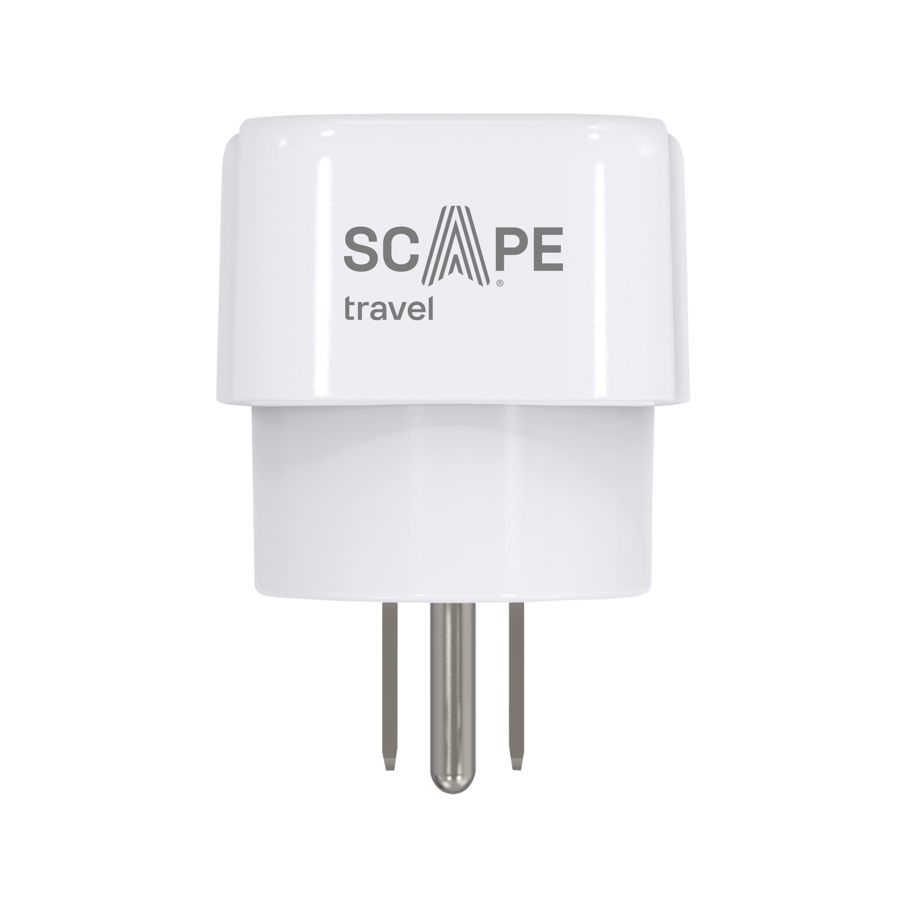 Un adaptador de viaje blanco con tres clavijas plateadas. La marca 'SCAPE travel' está impresa arriba.