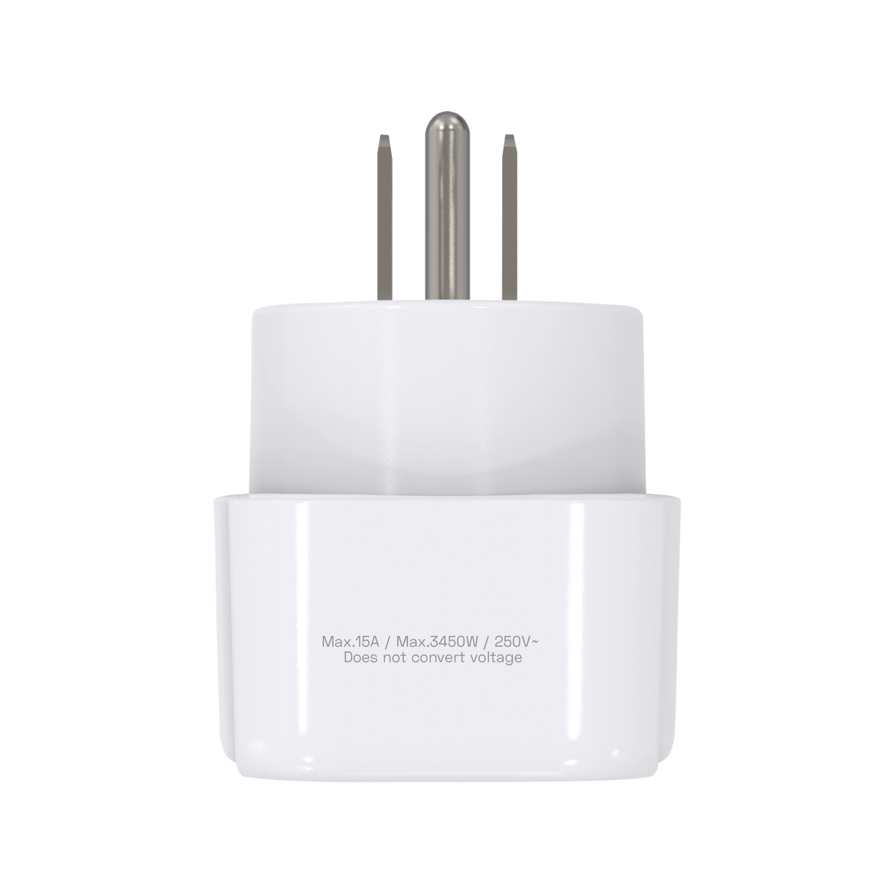 Un adaptador de enchufe blanco con tres clavijas plateadas. El texto frontal dice máx. 15A/3450W/250V y no convierte el voltaje.