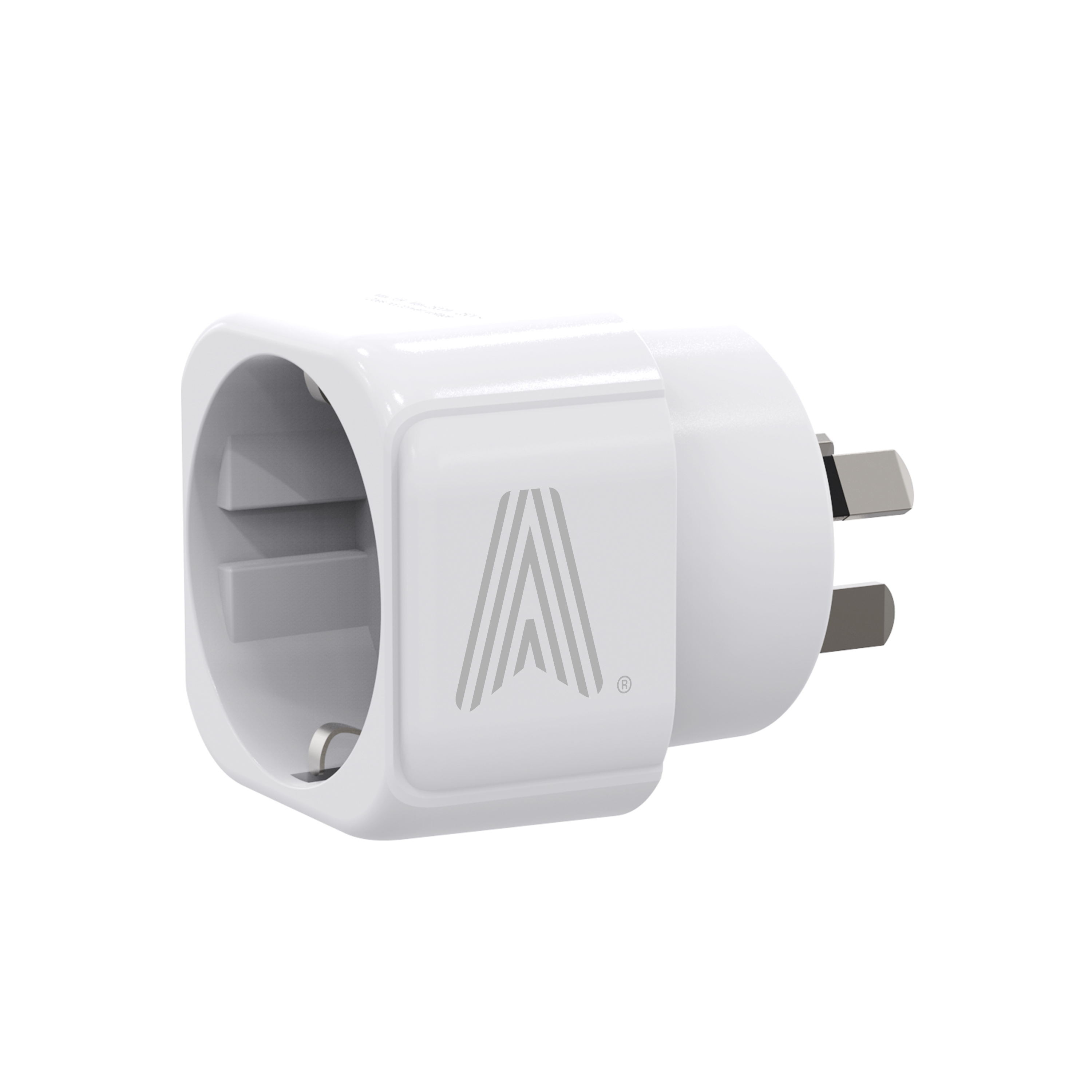 Un adaptador de corriente blanco con enchufe de tres clavijas y un enchufe. El adaptador tiene un logotipo.