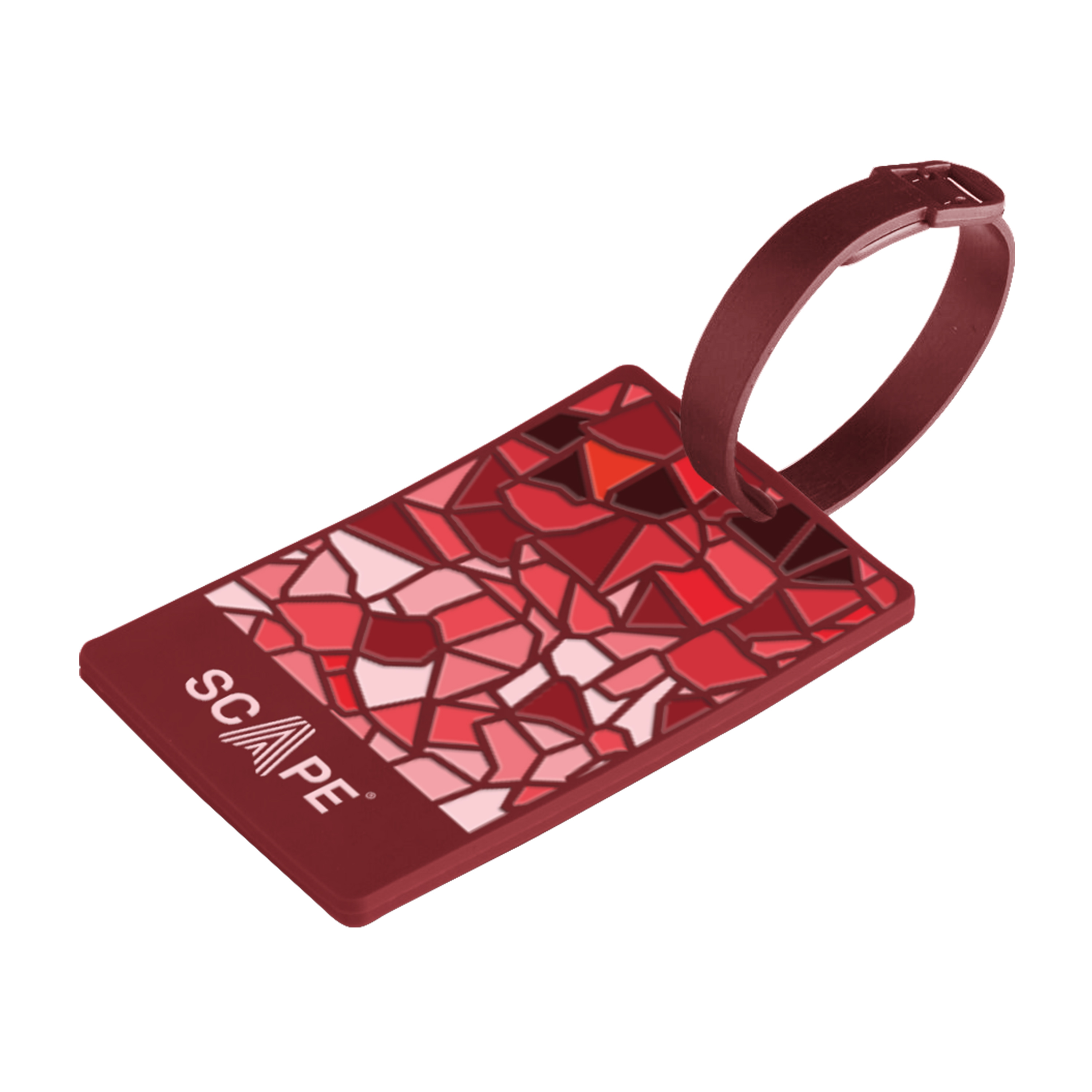 Una etiqueta de equipaje roja con un diseño de mosaico y la palabra 'SCAPE'. Tiene una correa.