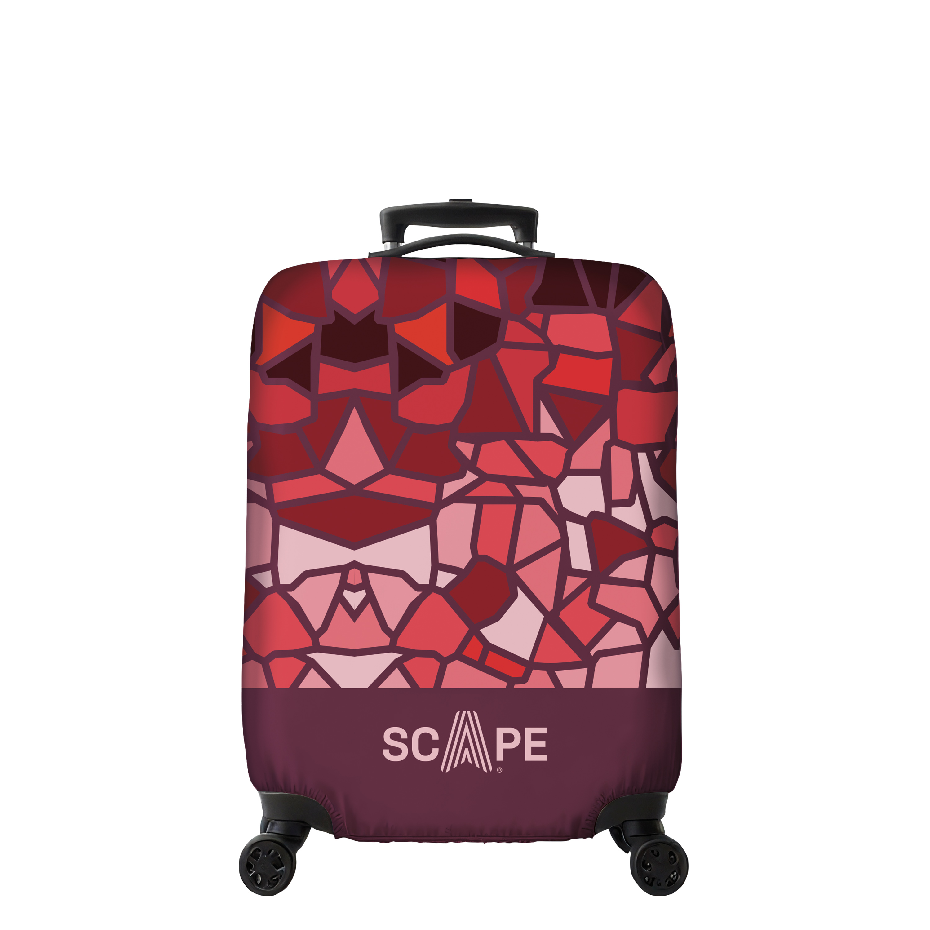 Una maleta con un patrón rojo tipo mosaico y un asa negra. La parte inferior tiene la palabra SCAPE. Ruedas negras.