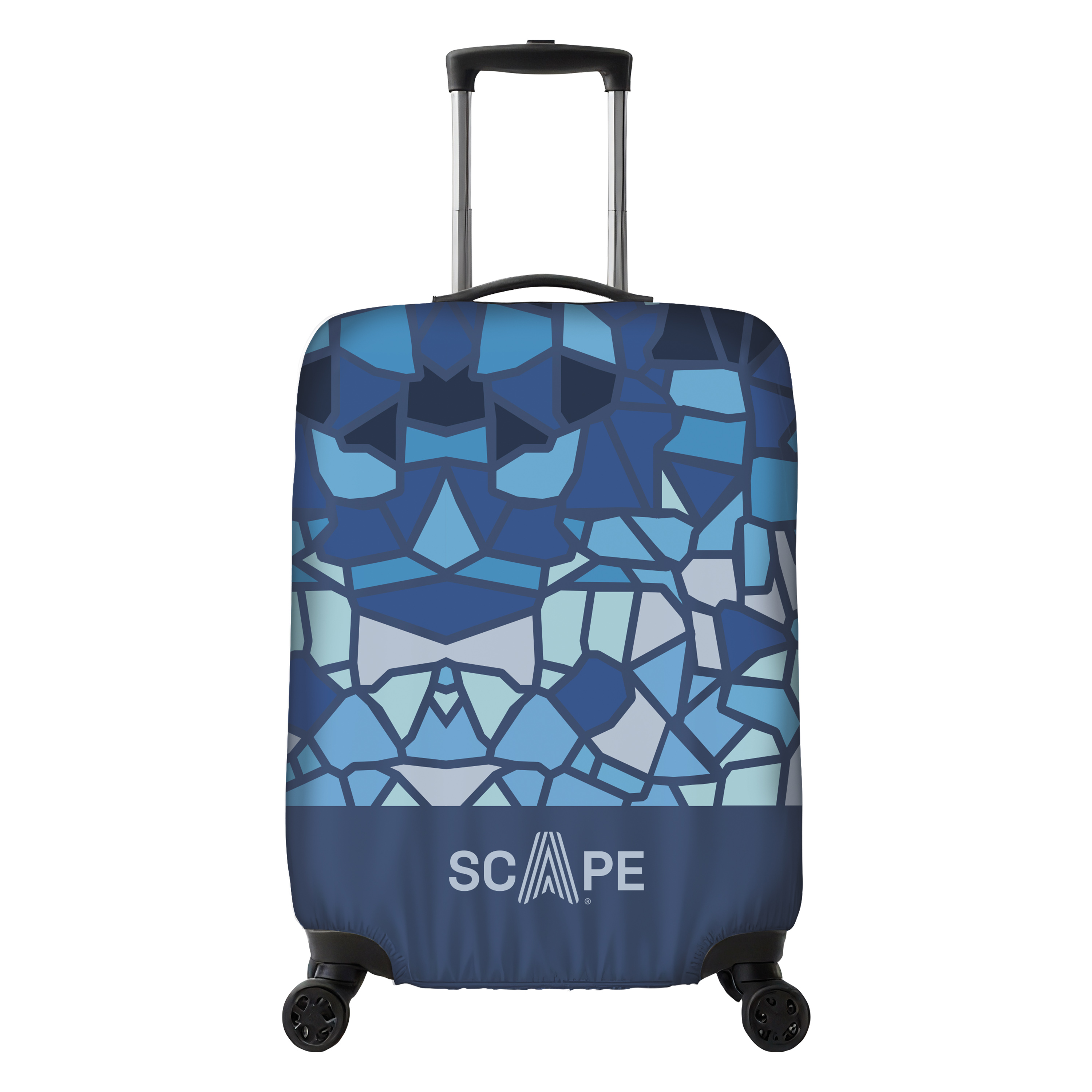 Una maleta con ruedas con un patrón de mosaico azul. Tiene un asa y ruedas. La parte inferior tiene la palabra SCAPE.