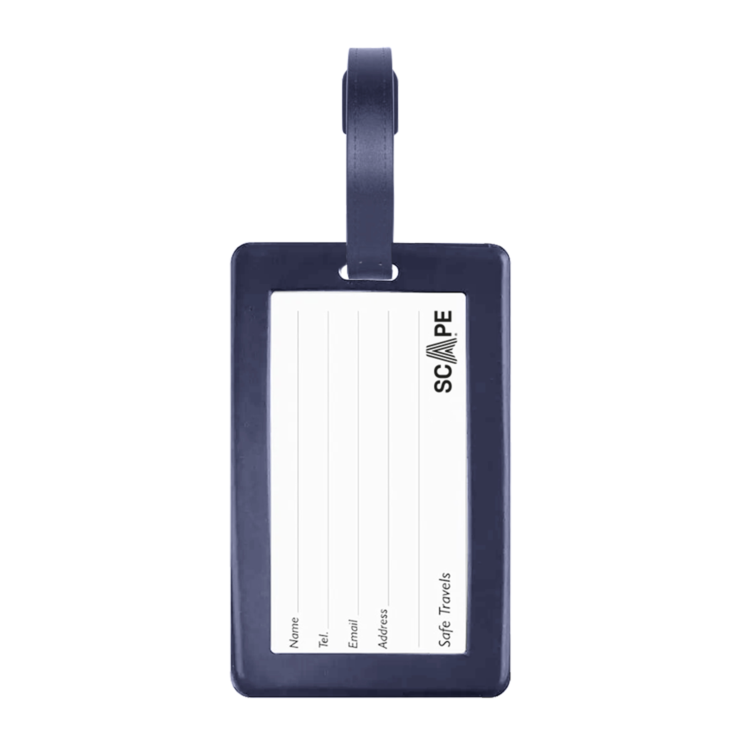 Una etiqueta de equipaje azul con correa. Tiene espacio para nombre, teléfono, correo electrónico y dirección. El logo es 'SCAPE Safe Travels'.