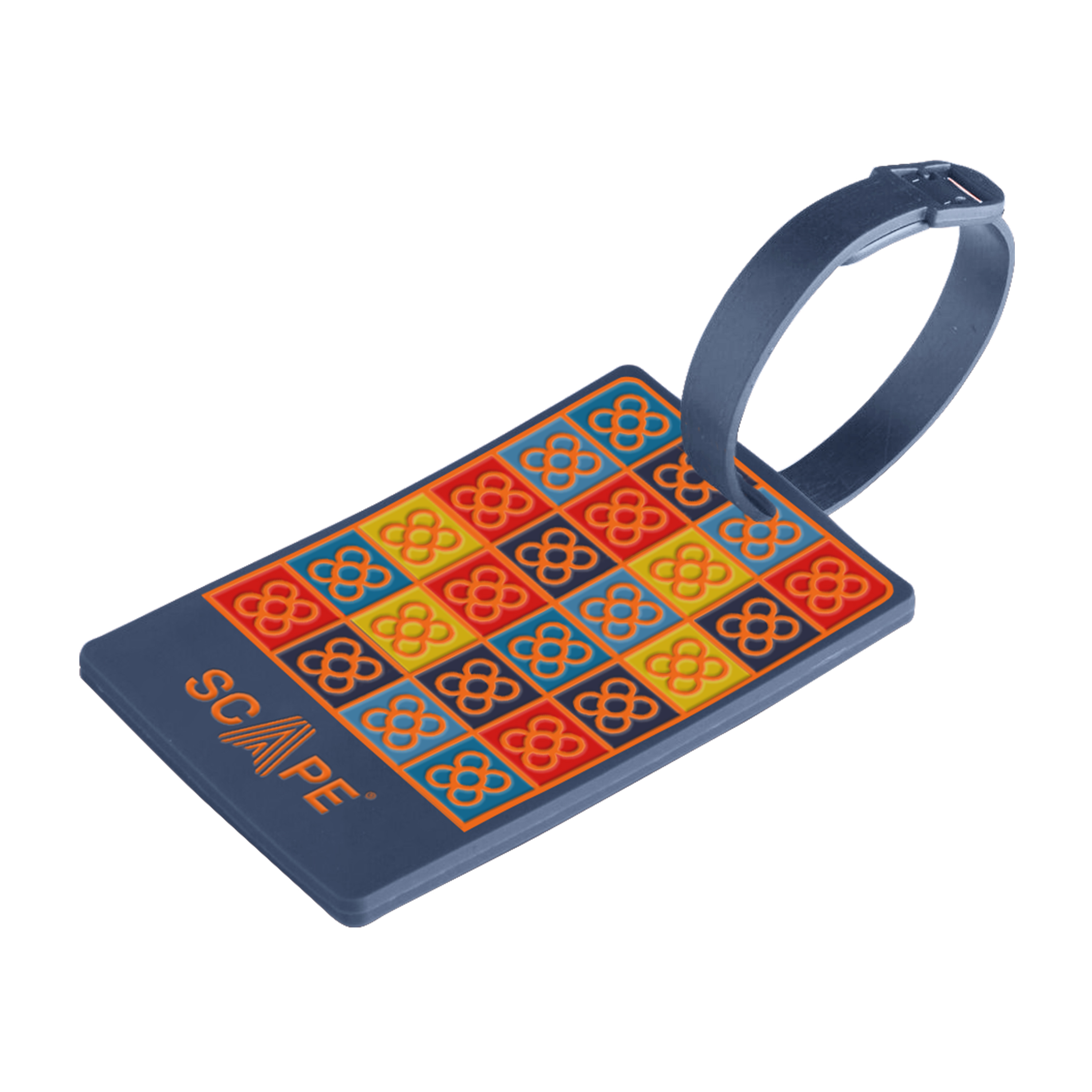 Una etiqueta de equipaje con un patrón de flores en rojo, amarillo y azul. La etiqueta es azul oscuro con la palabra SCAPE.