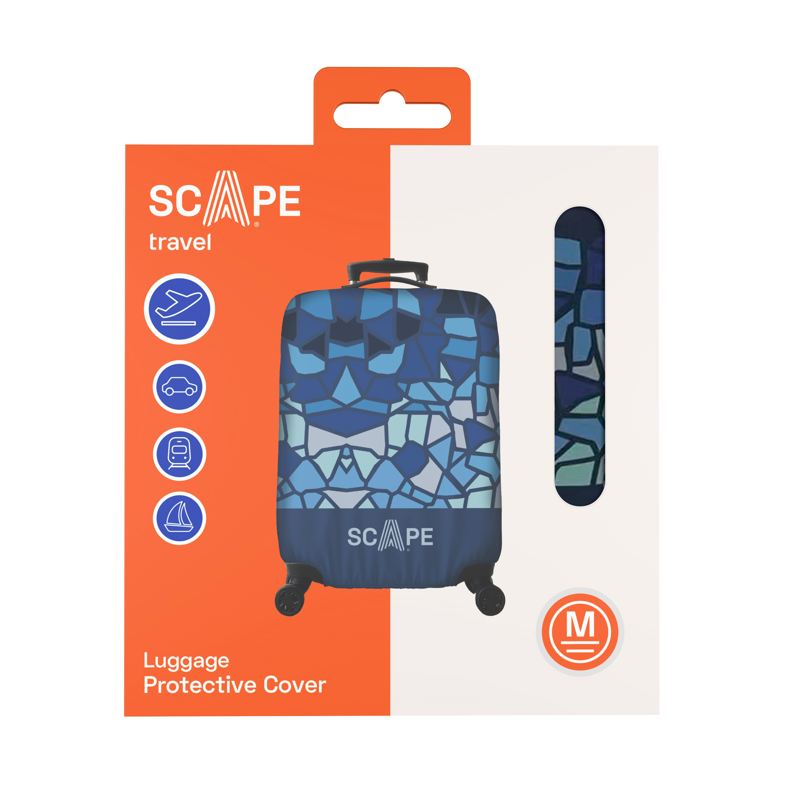 Una funda de maleta en su embalaje. La funda es azul con un patrón de mosaico. El embalaje es naranja y blanco con la marca.