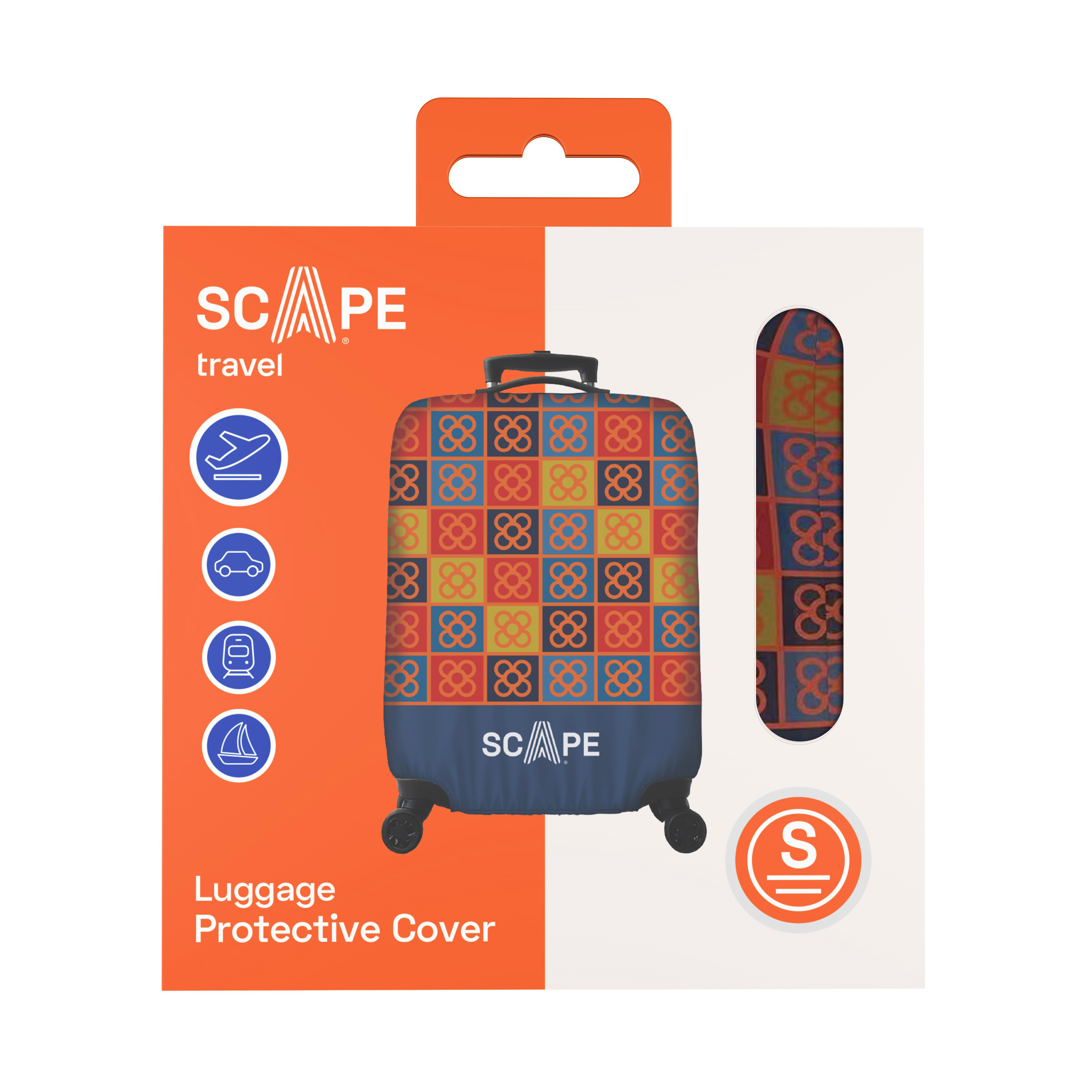 Funda protectora de equipaje en naranja y blanco. La funda tiene un estampado con formas coloridas similares a flores. La marca es SCAPE.