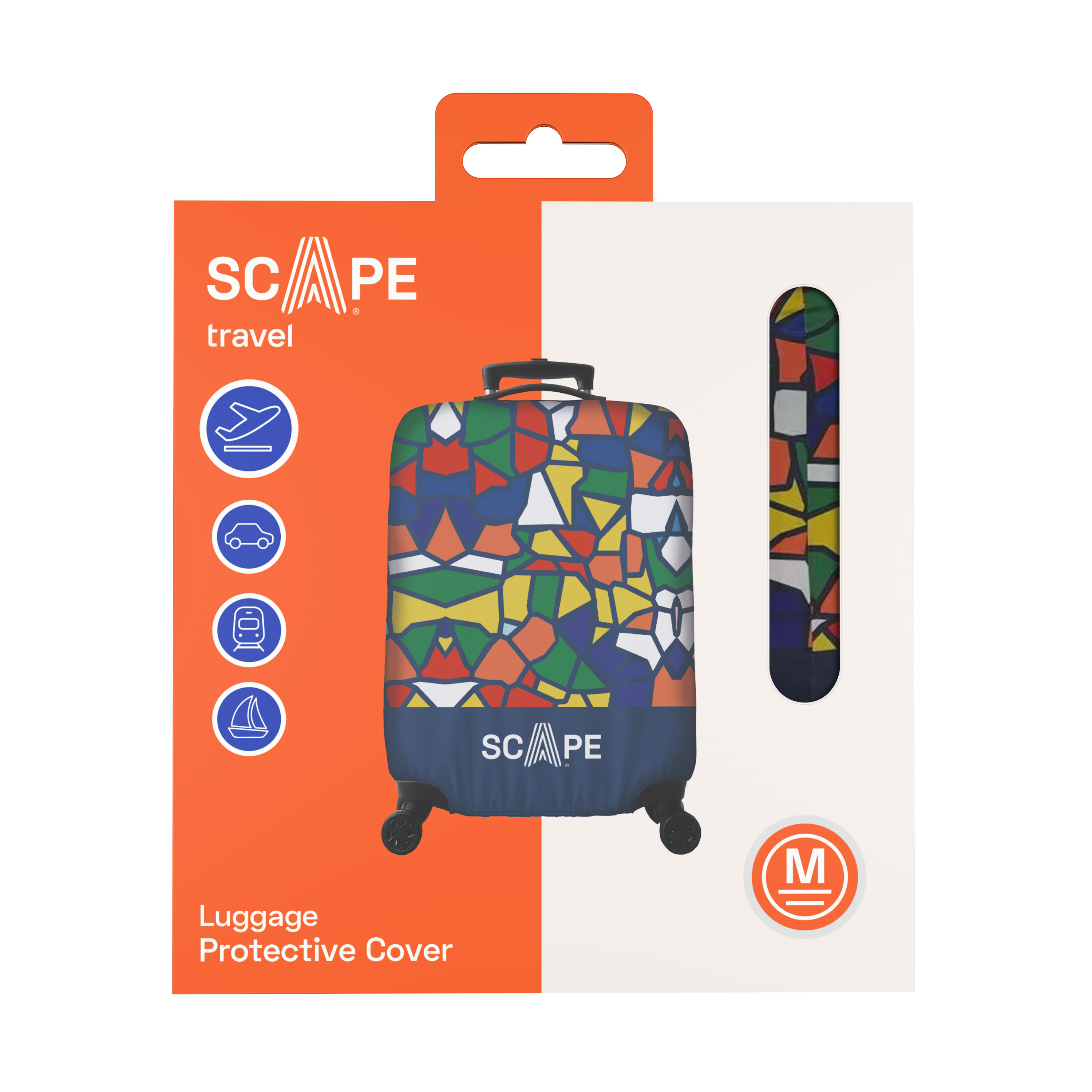 Una funda de equipaje con formas geométricas coloridas, en un paquete con la marca y los iconos de viaje.