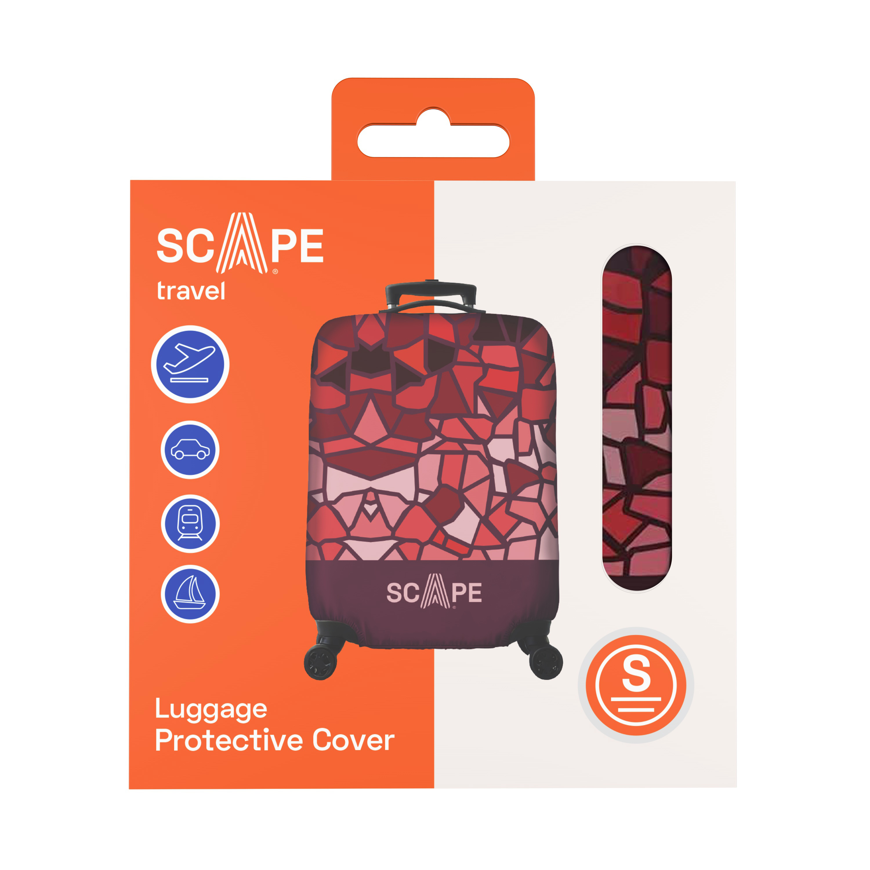 Una funda protectora de equipaje con un patrón geométrico rojo, con la marca SCAPE. Se ven iconos de avión, coche, tren y velero.