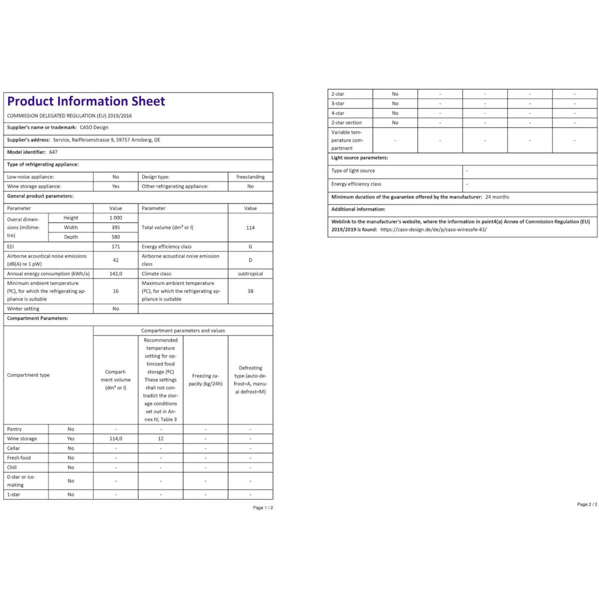 Produktinformationsblatt mit Daten zu einem Weinstaurgerät. Enthält Abmessungen, Energieklasse und andere Spezifikationen.
