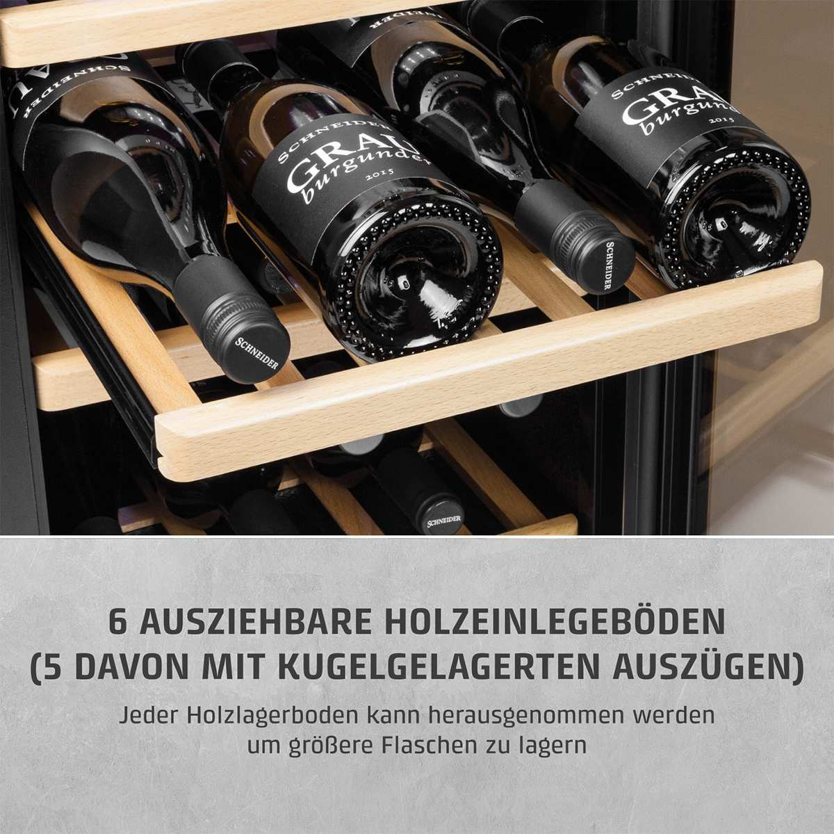 Wein wird in einem Weinkühler auf Holzregalen gelagert. Auf den Flaschen steht 'GRA burgund 2015'.