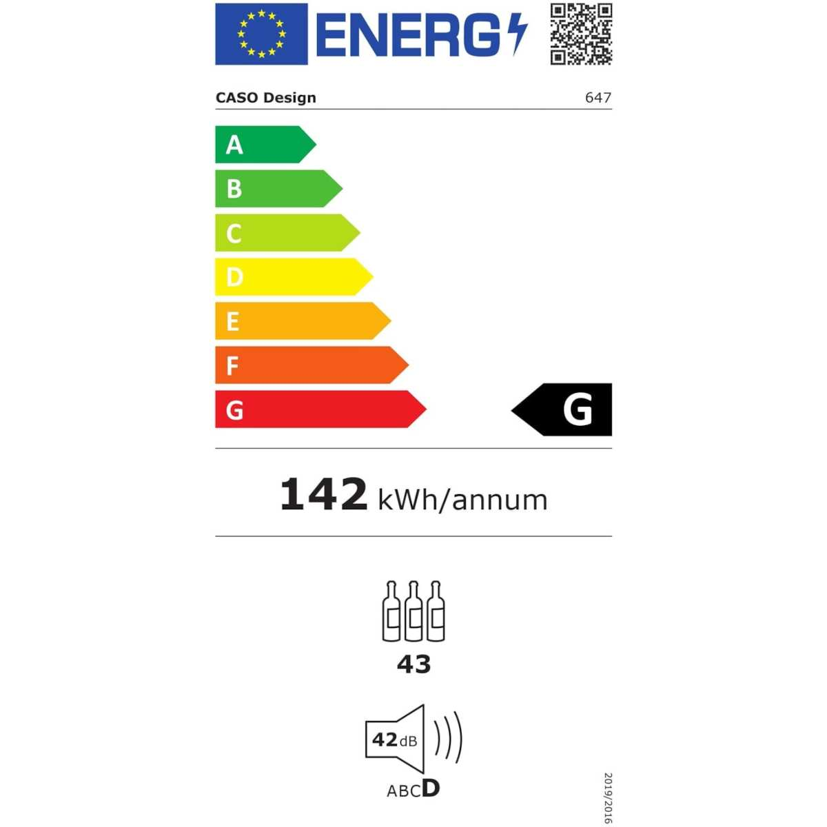 Energielabel mit Bewertungen A-G, Caso Design Logo, 142 kWh/annum, Flaschen-Icons, 42 dB und G-Bewertung hervorgehoben.