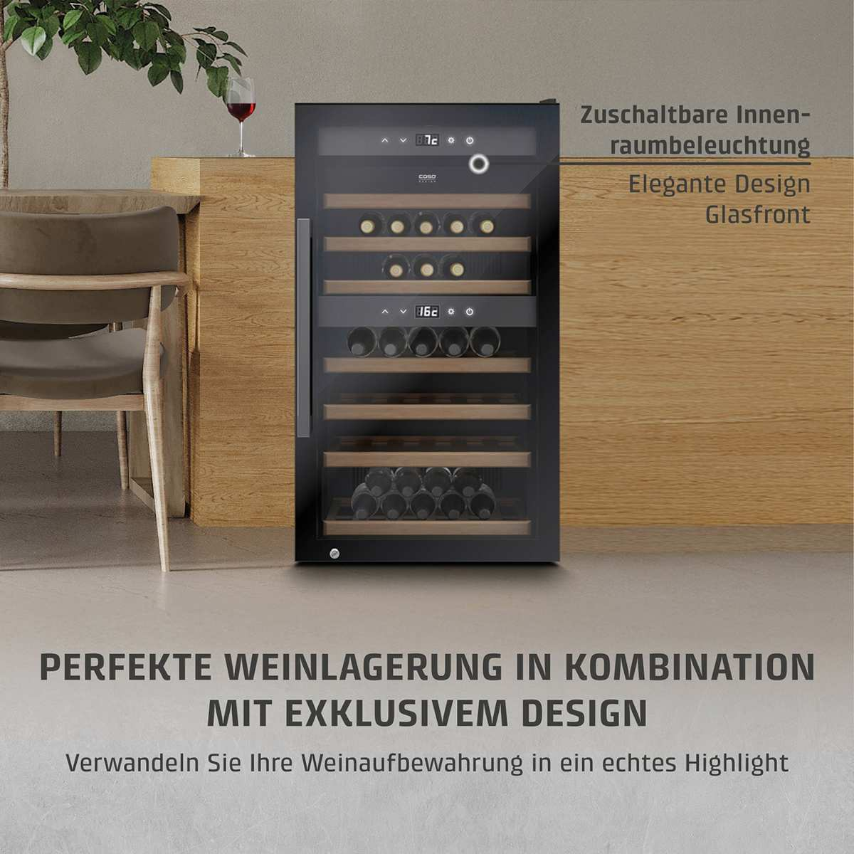 Ein Weinkühler mit Glastür zeigt Weinflaschen. Text sagt 'Perfekte Weinlagerung' und 'Exklusives Design'.
