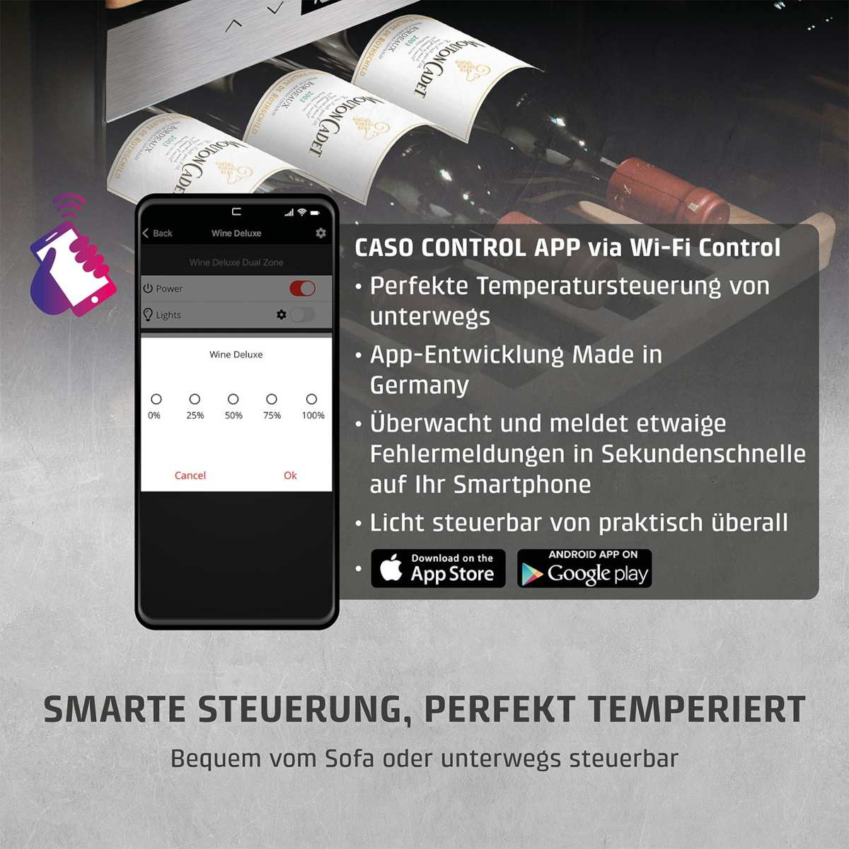 Ein Smartphone zeigt eine Weinkühler-App. Drei Weinflaschen stehen auf einem Regal. Text beschreibt intelligente Steuerungsfunktionen.