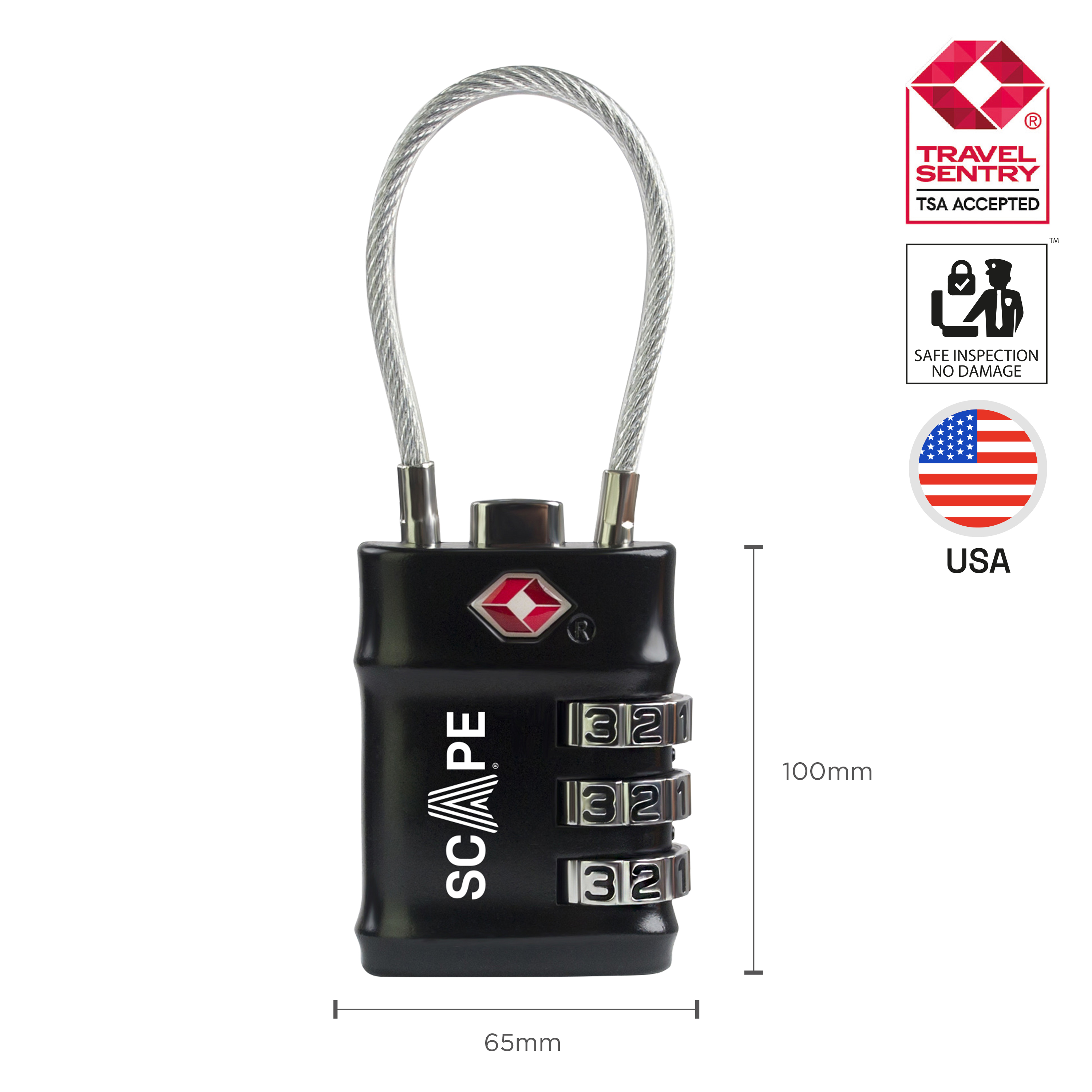 Candado negro aprobado por TSA con diales de combinación. Cable plateado se extiende hacia arriba. Logos y texto visibles.