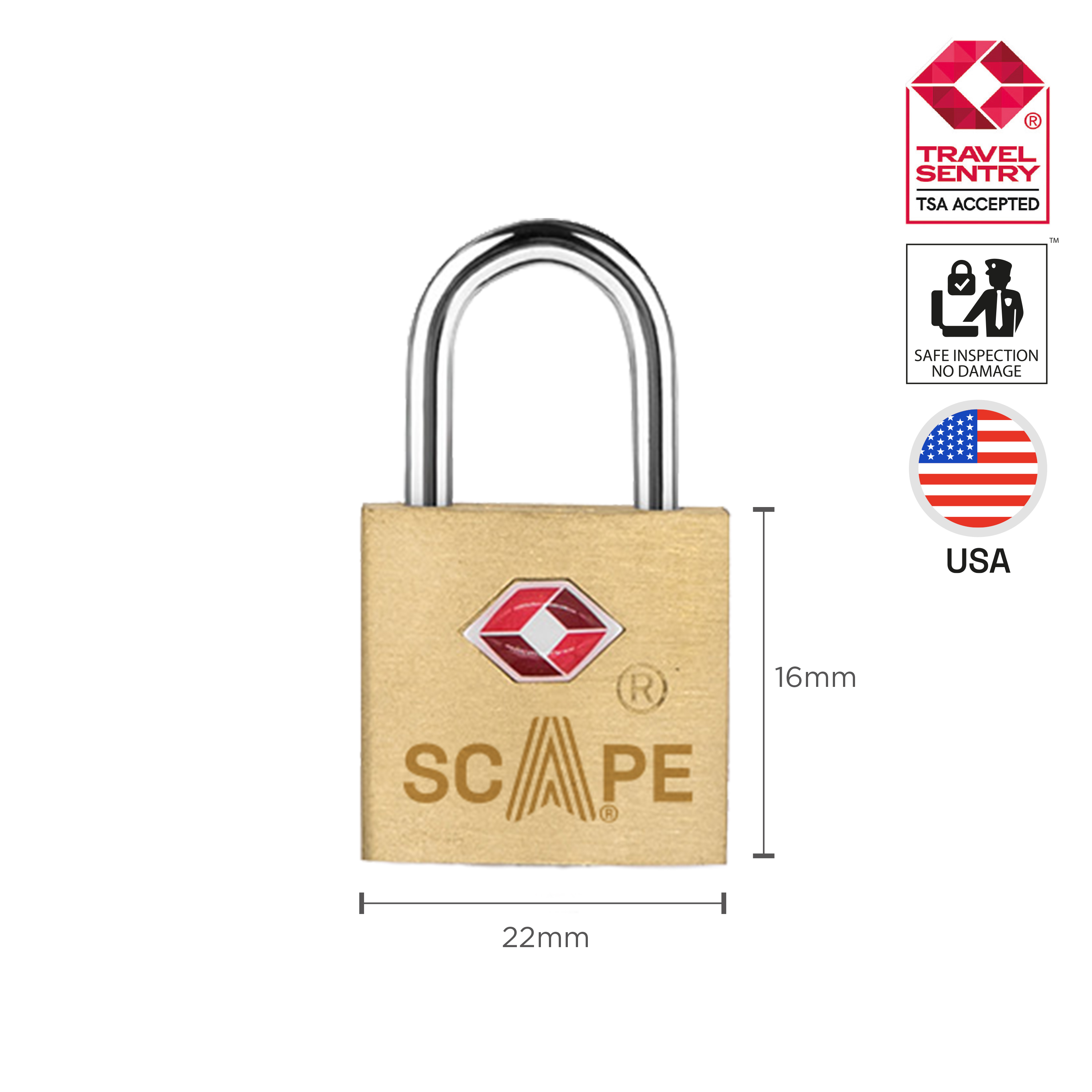Un lucchetto dorato con arco argentato. Loghi Travel Sentry, Safe Inspection e USA presenti.