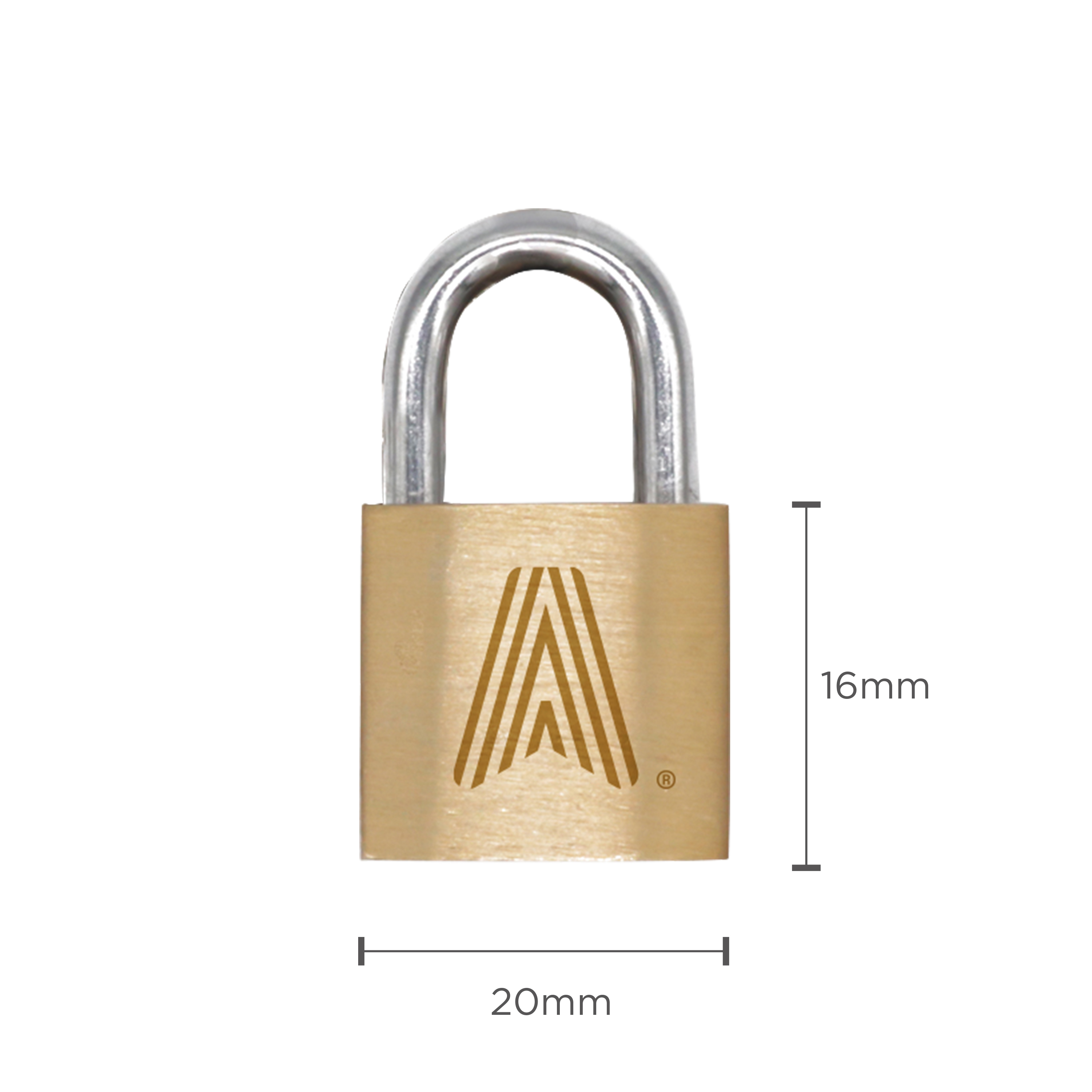 Un lucchetto dorato con un grillo argentato. Il lucchetto ha la lettera 'A' come logo. Dimensioni: 20 mm x 16 mm.