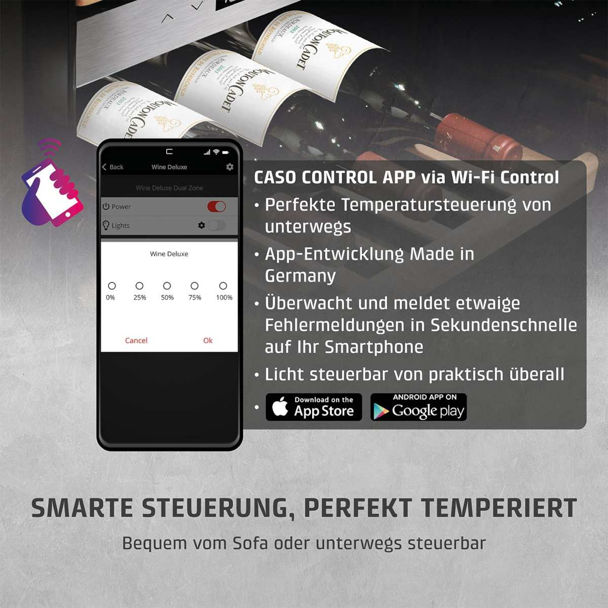 Smartphone steuert Weinkühler. Drei Weinflaschen sichtbar. App-Funktionen: Temperatur, Fehlerüberwachung, Licht.