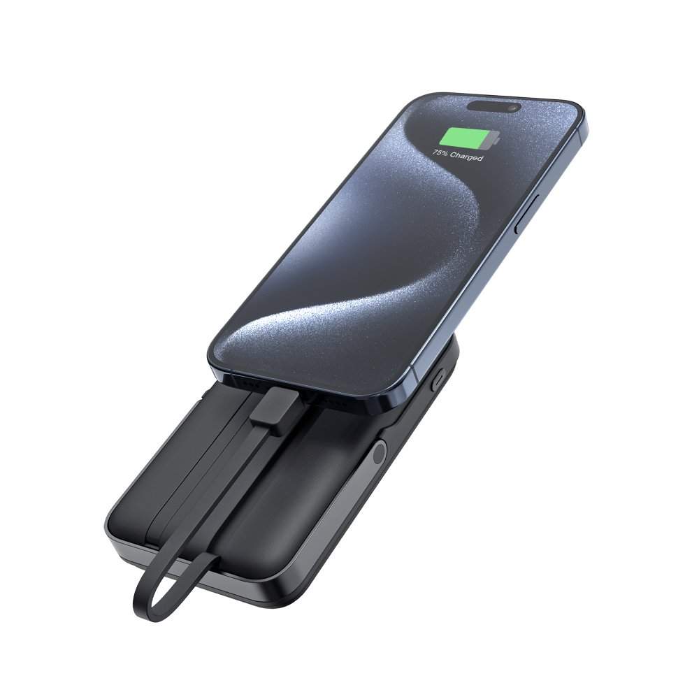 Czarny smartfon ładuje się na czarnym power banku. Ekran pokazuje 75% naładowania. Czarny pasek jest na power banku.